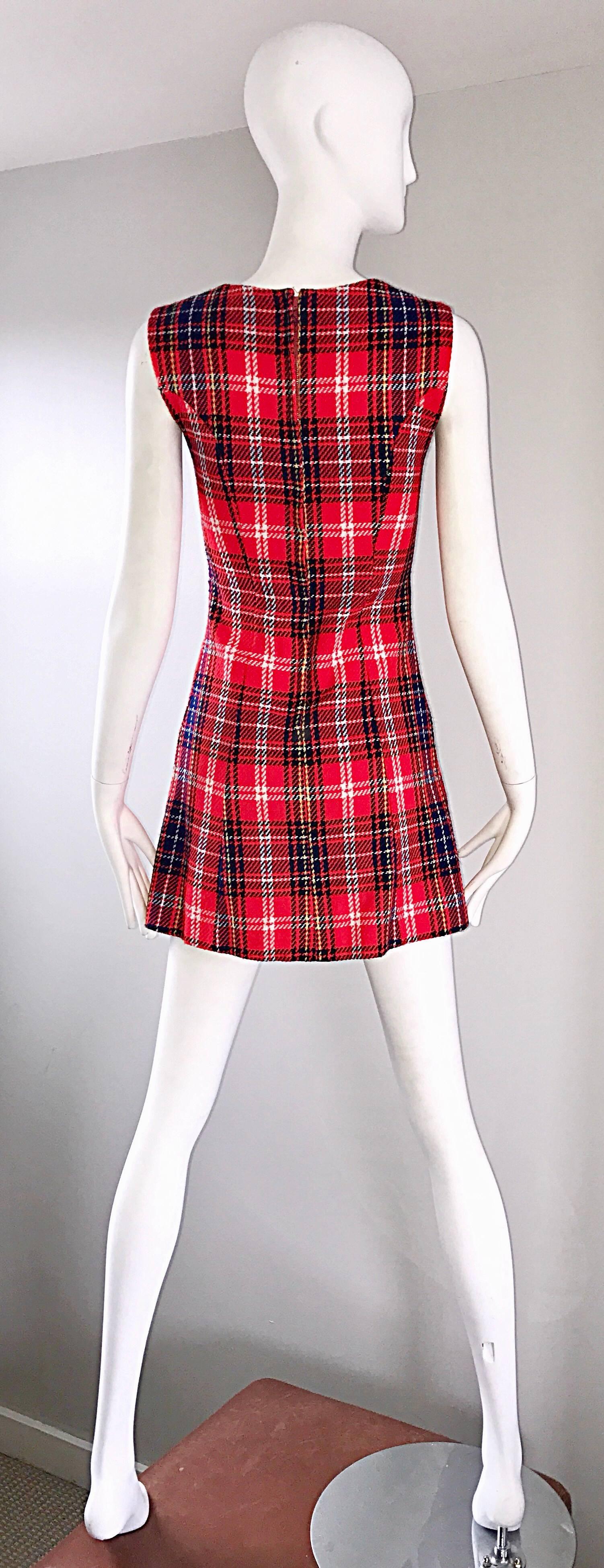 1960s Tartan Plaid Mod Vintage 60s Wool A - Line Chic Mini Skooter Dress 1