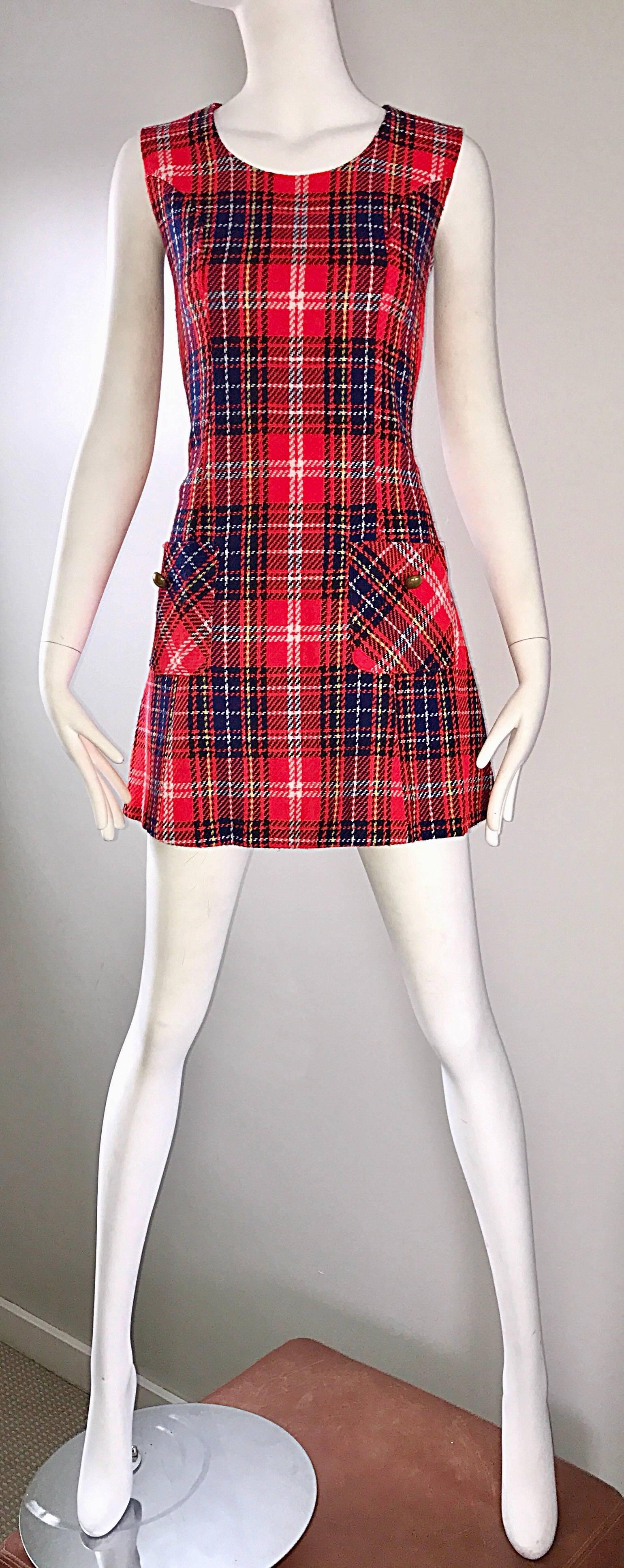 Women's 1960s Tartan Plaid Mod Vintage 60s Wool A - Line Chic Mini Skooter Dress