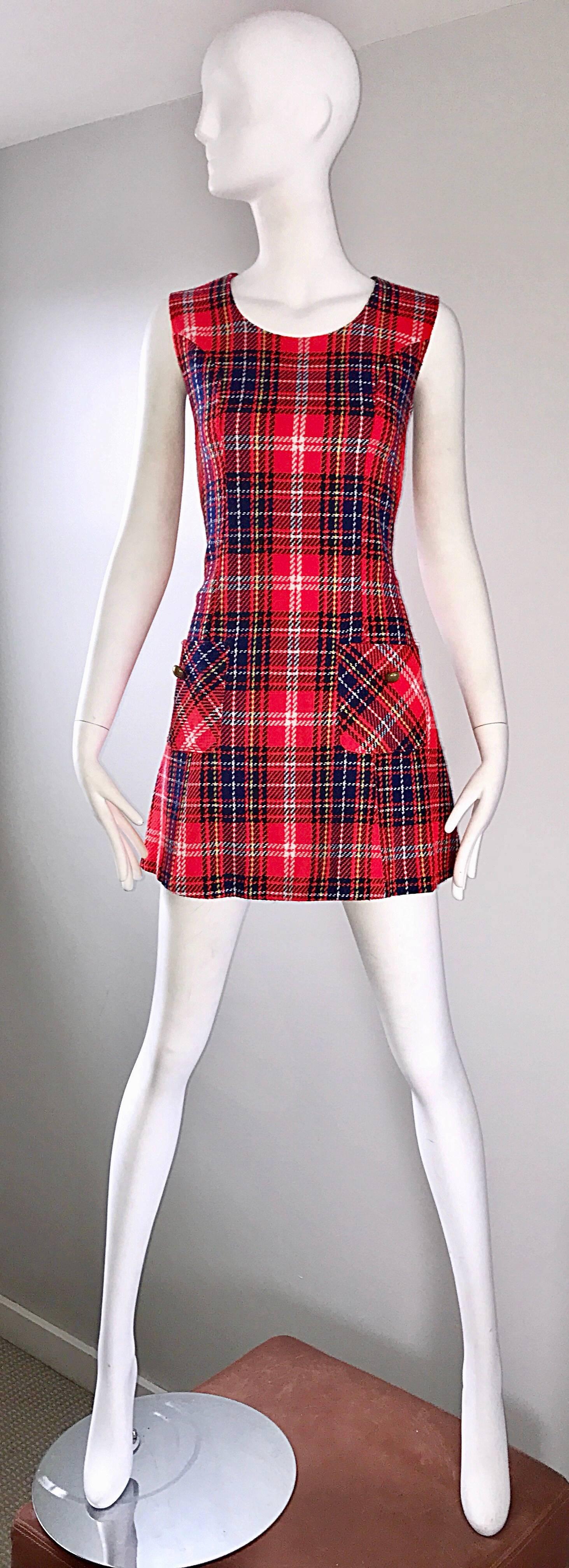 1960s Tartan Plaid Mod Vintage 60s Wool A - Line Chic Mini Skooter Dress 2
