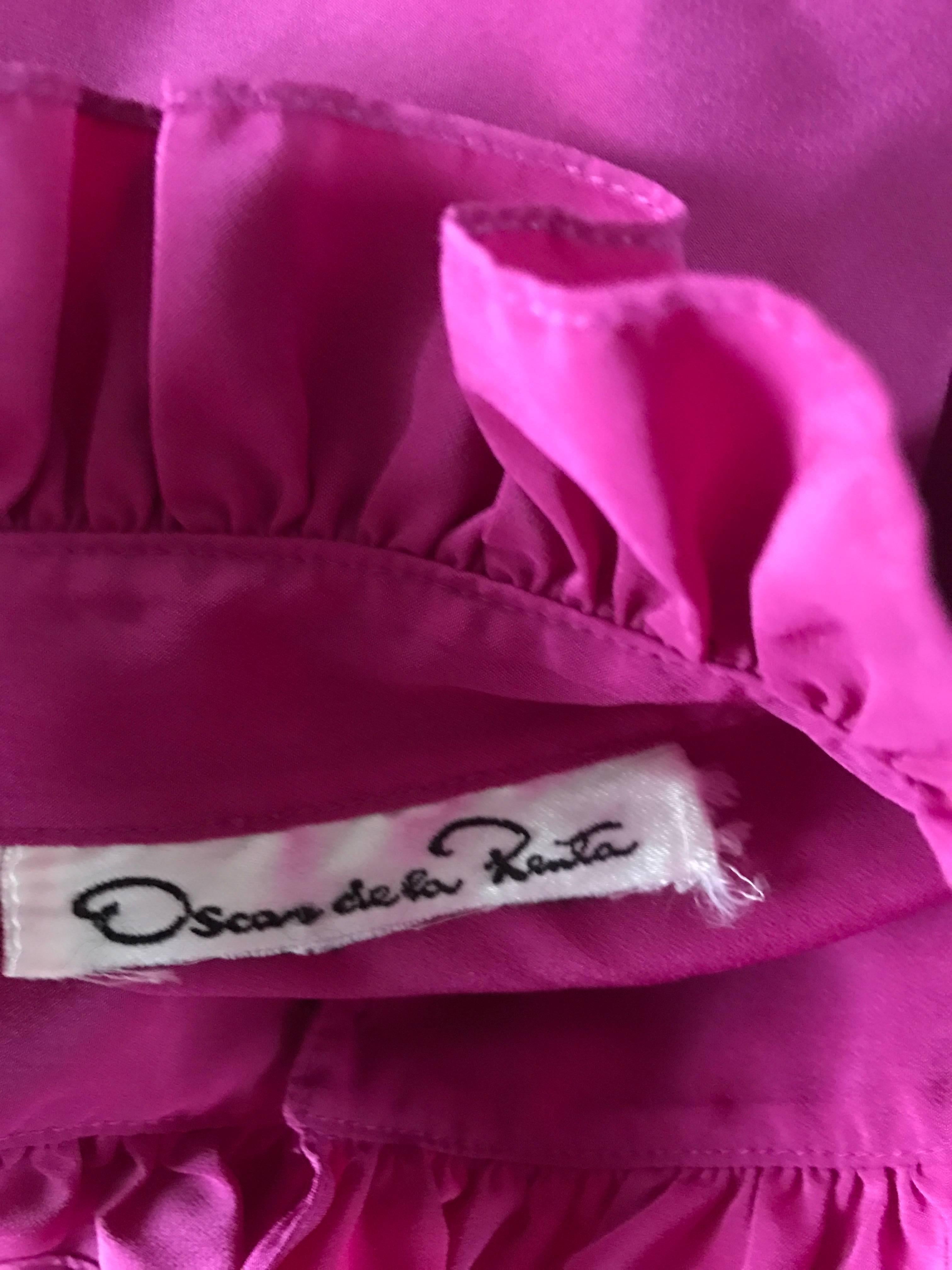 Oscar de la Renta 1970s Magenta Fuchsia Pink Silk Bishop Sleeve Vintage Blouse 6