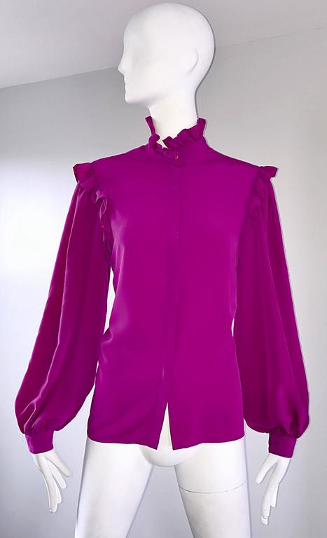 Oscar de la Renta 1970s Magenta Fuchsia Pink Silk Bishop Sleeve Vintage ...