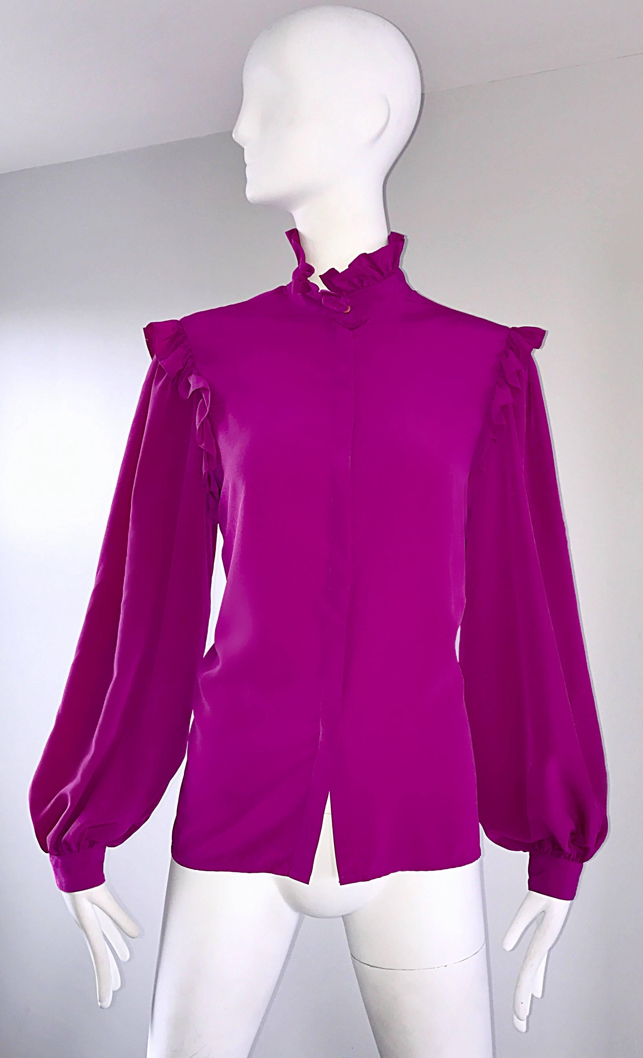 Effortlessly chic 70s OSCAR DE LA RENTA magenta pink silk top! Features a Victorian inspired ruffle neckline, with matching ruffles at each shoulder seam. Nice full bishop sleeves look amazing on! Hidden buttons up the front of the bodice, and