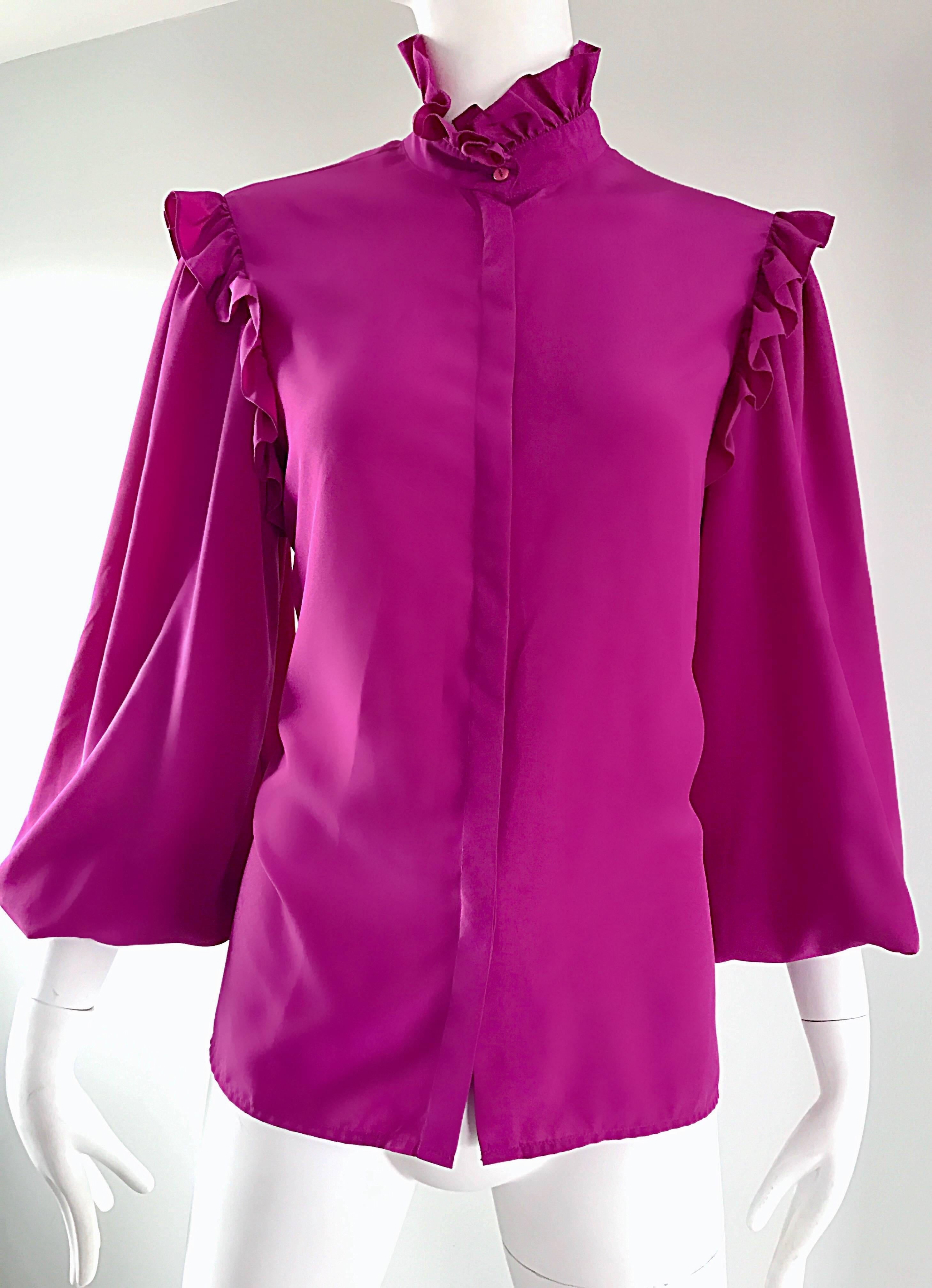 Oscar de la Renta 1970s Magenta Fuchsia Pink Silk Bishop Sleeve Vintage Blouse In Excellent Condition In San Diego, CA