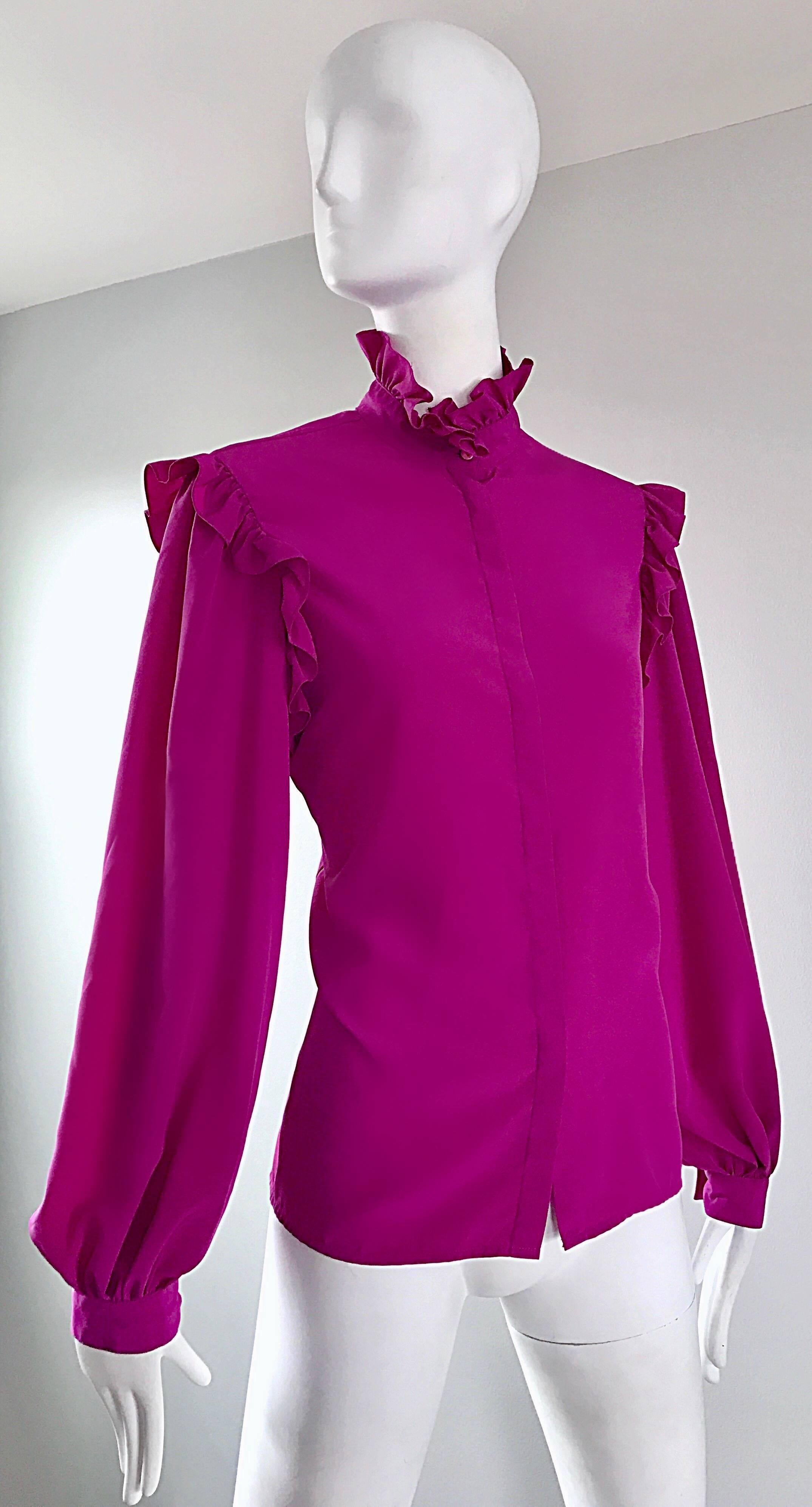 Women's Oscar de la Renta 1970s Magenta Fuchsia Pink Silk Bishop Sleeve Vintage Blouse