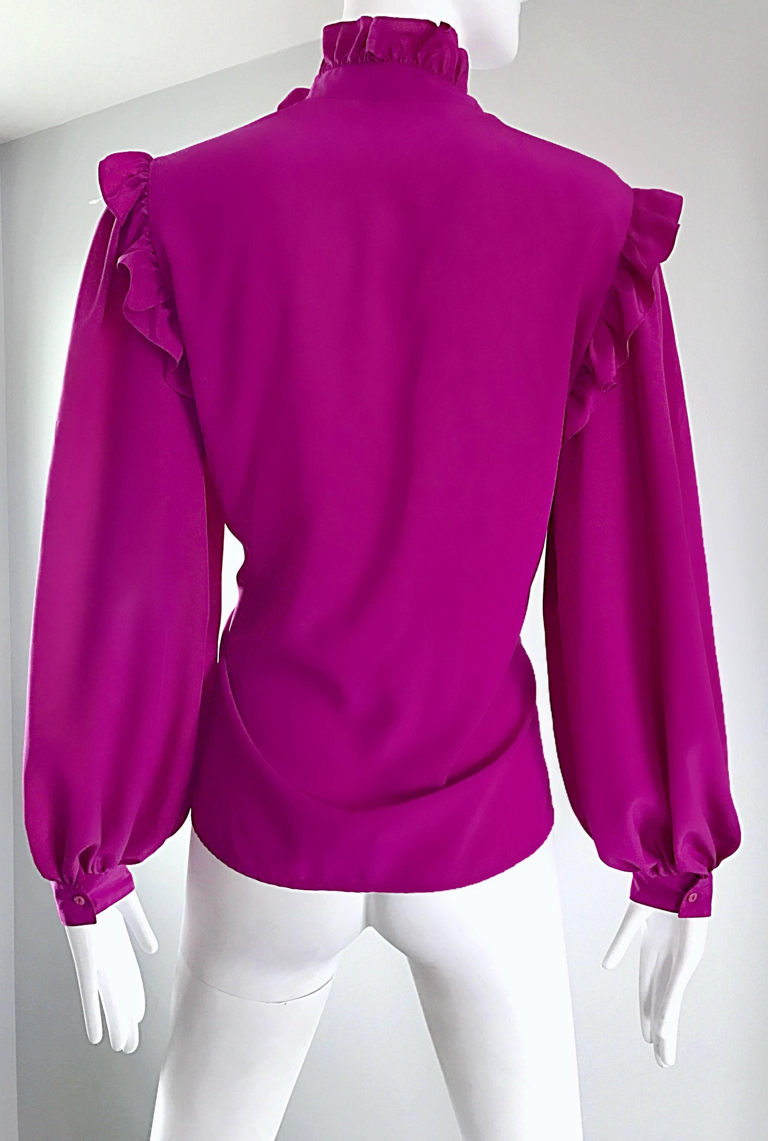 Oscar de la Renta 1970s Magenta Fuchsia Pink Silk Bishop Sleeve Vintage Blouse 1