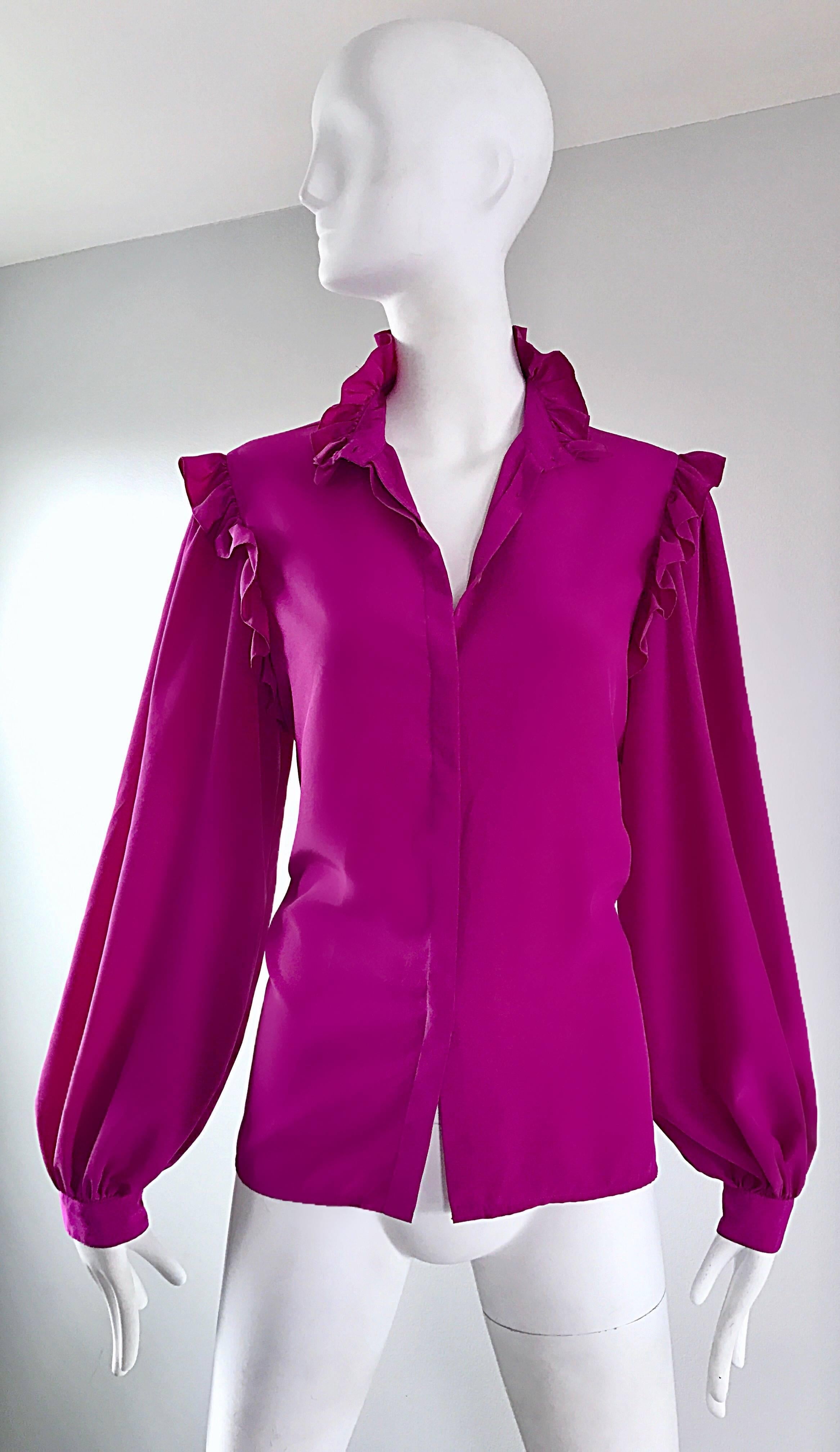 Oscar de la Renta 1970s Magenta Fuchsia Pink Silk Bishop Sleeve Vintage Blouse 2