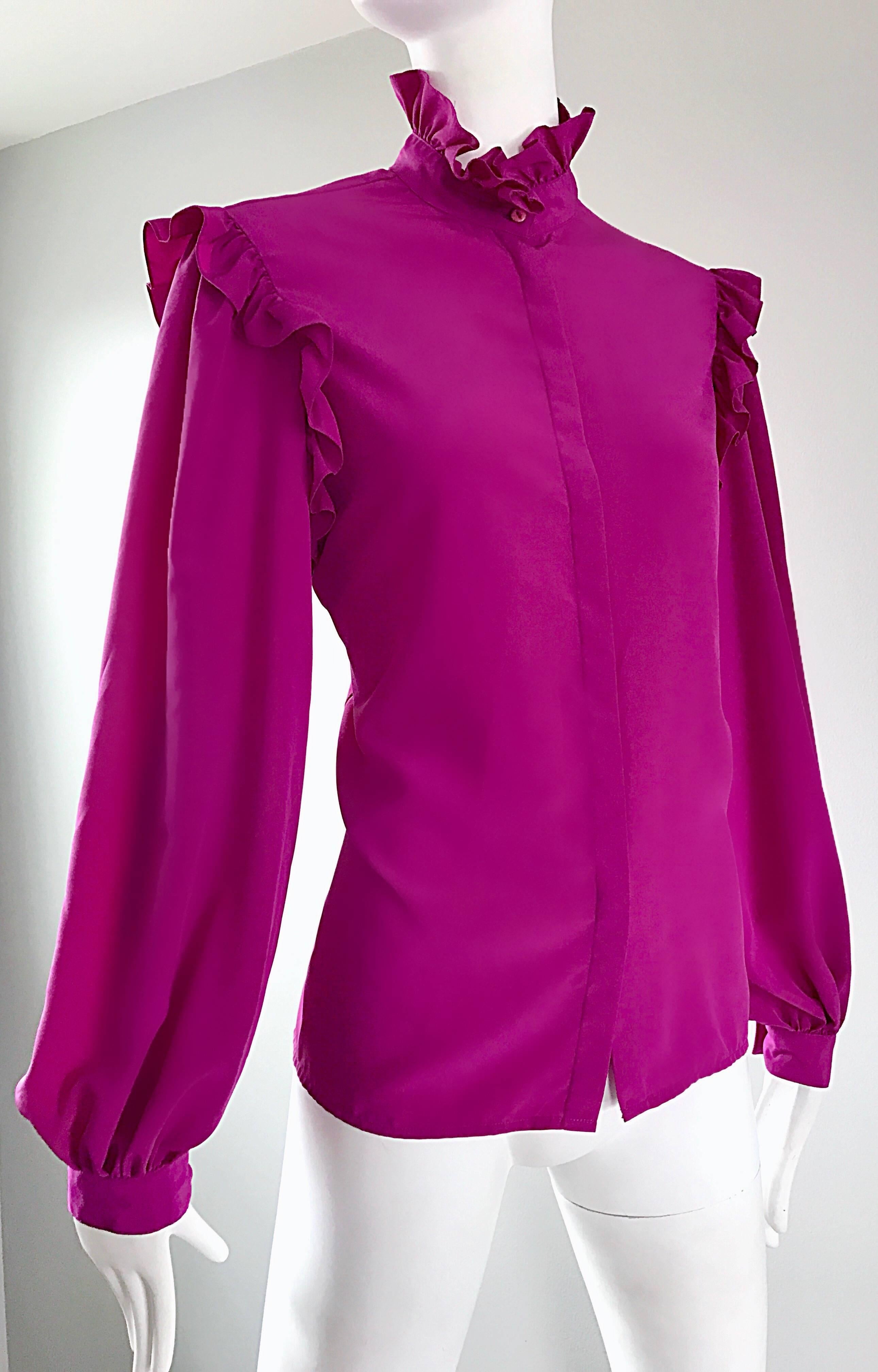 Oscar de la Renta 1970s Magenta Fuchsia Pink Silk Bishop Sleeve Vintage Blouse 3