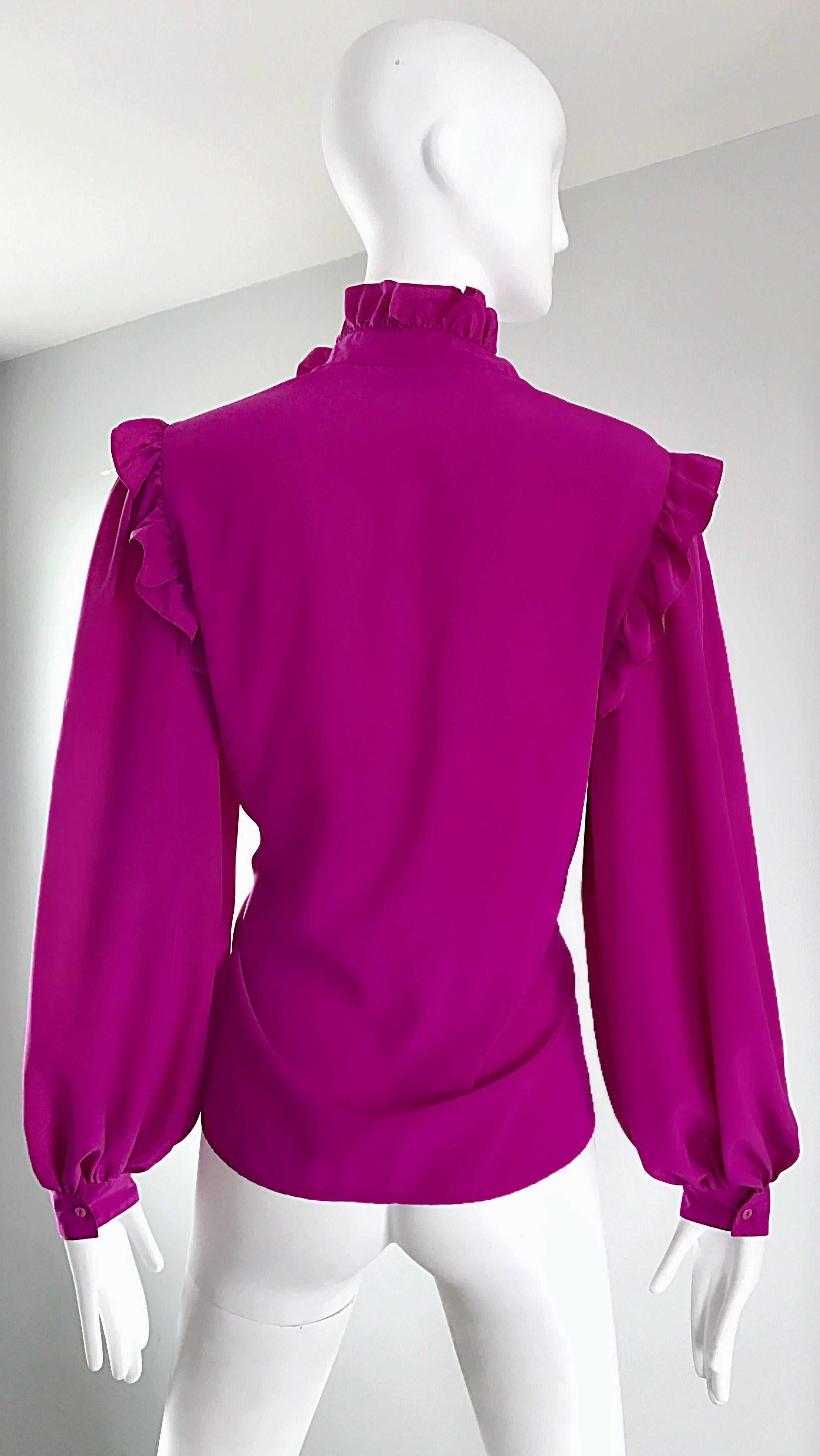 Oscar de la Renta 1970s Magenta Fuchsia Pink Silk Bishop Sleeve Vintage Blouse 4