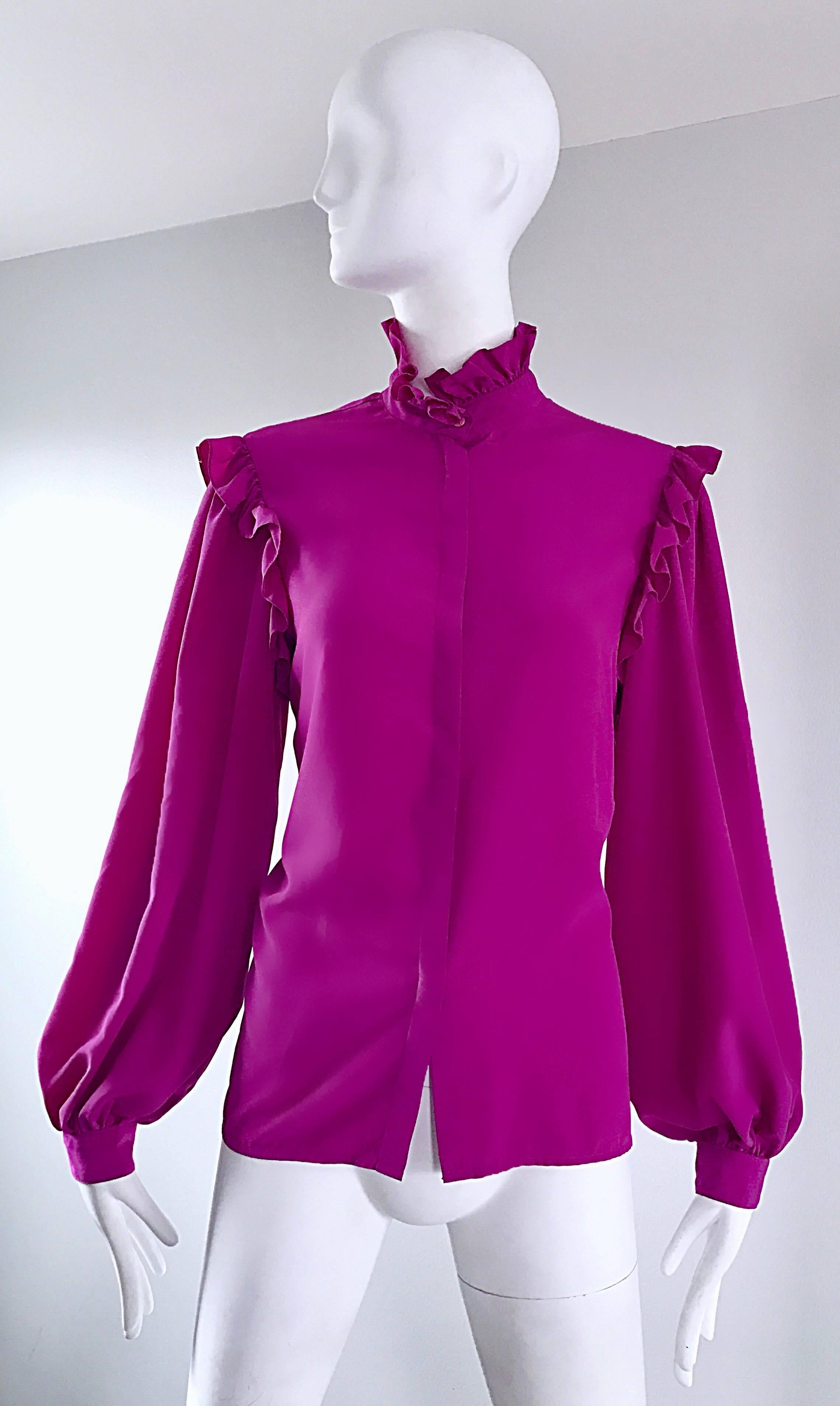 Oscar de la Renta 1970s Magenta Fuchsia Pink Silk Bishop Sleeve Vintage Blouse 5