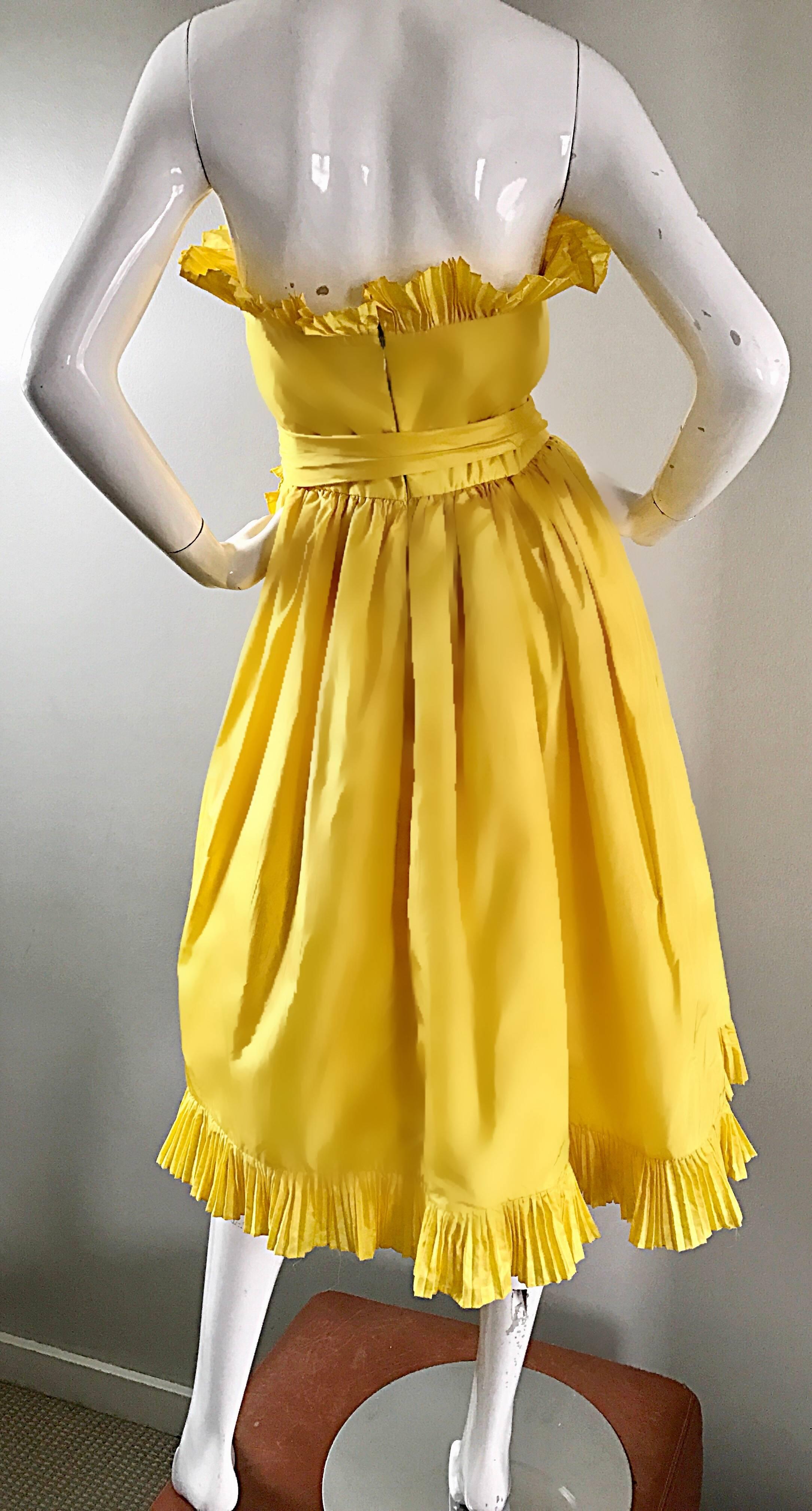 Bill Blass Vintage Canary Yellow Silk Taffeta Ruffle Strapless Dress, 1980s  In Excellent Condition In San Diego, CA