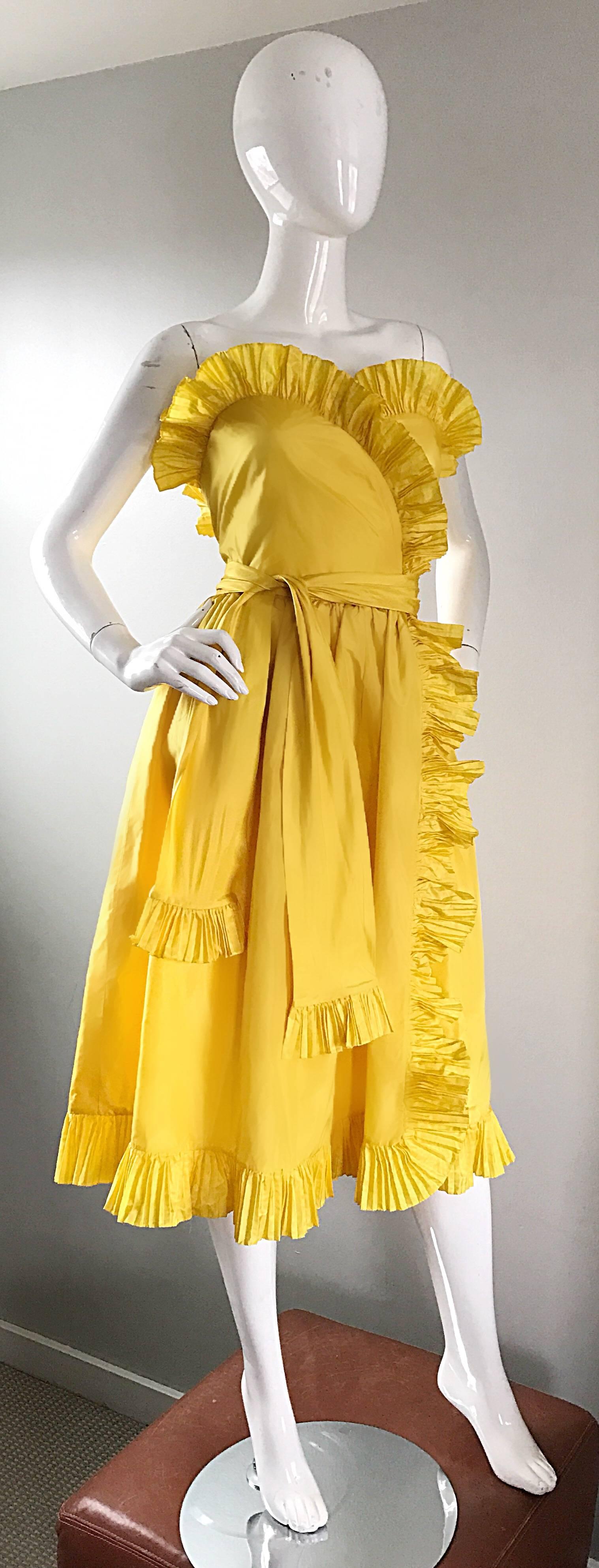 Women's Bill Blass Vintage Canary Yellow Silk Taffeta Ruffle Strapless Dress, 1980s 