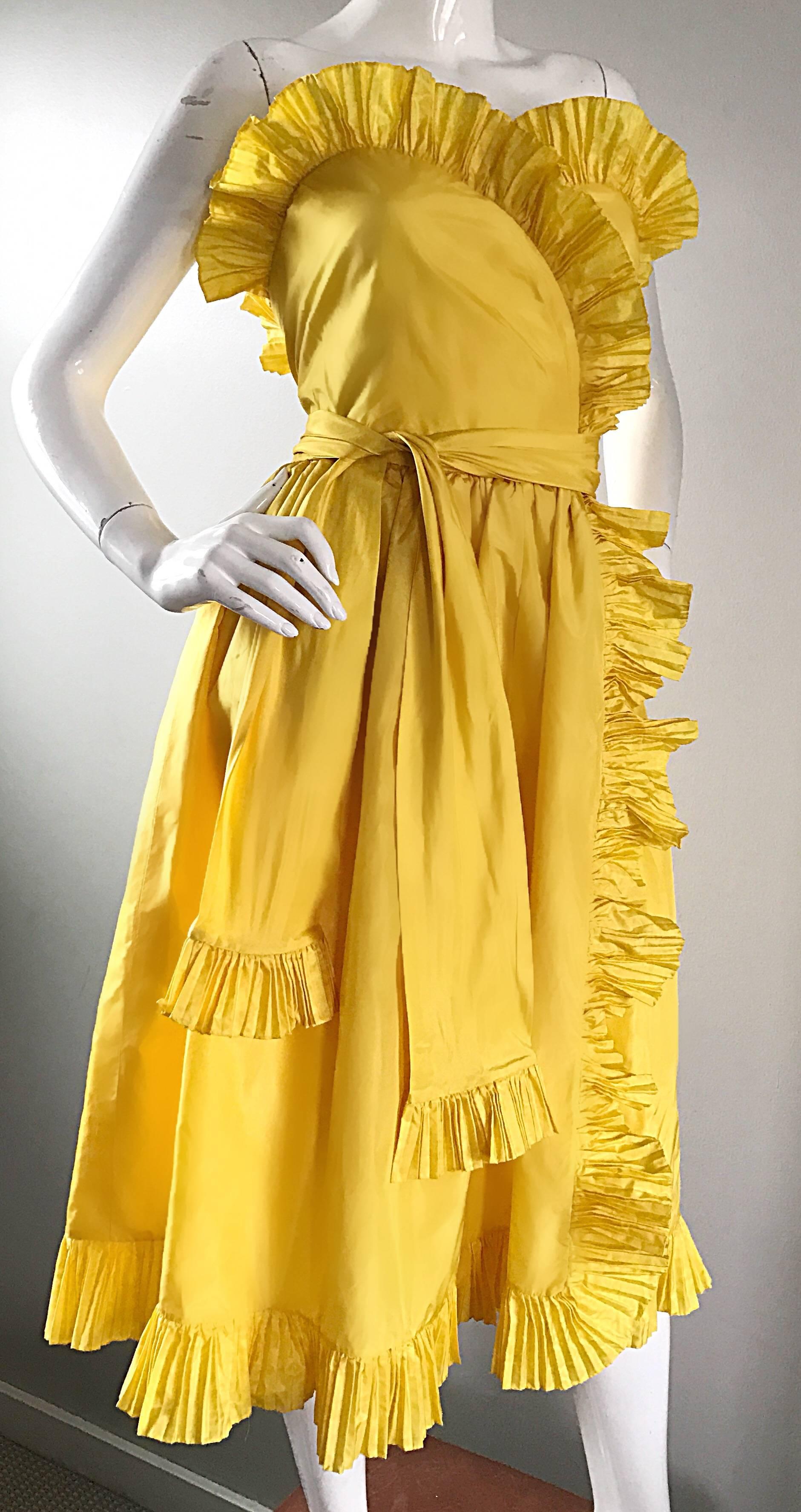 Bill Blass Vintage Canary Yellow Silk Taffeta Ruffle Strapless Dress, 1980s  1