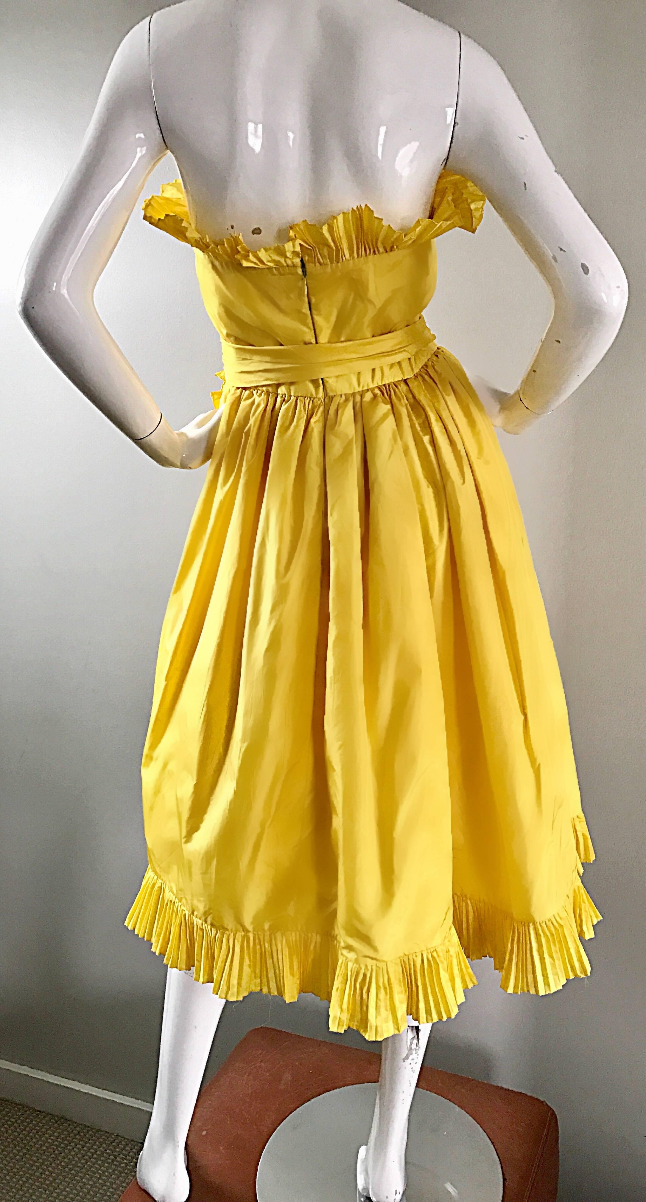 Bill Blass Vintage Canary Yellow Silk Taffeta Ruffle Strapless Dress, 1980s  2