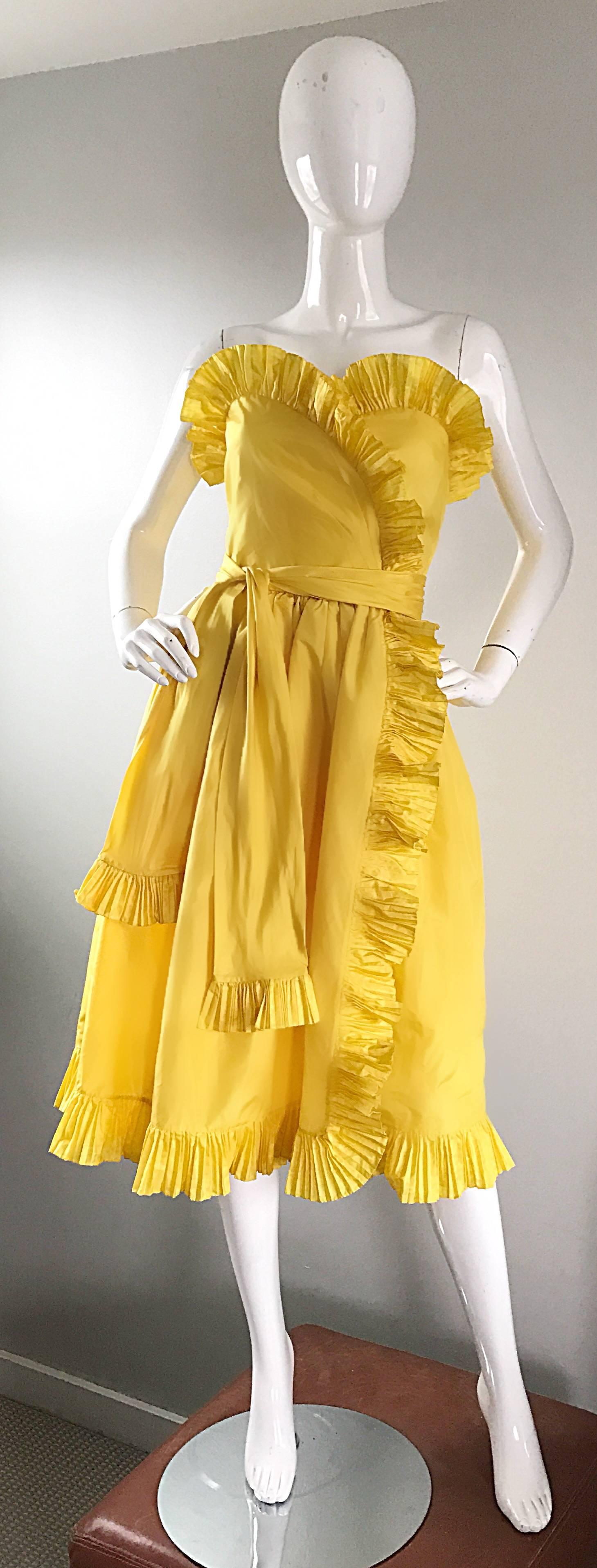 Bill Blass Vintage Canary Yellow Silk Taffeta Ruffle Strapless Dress, 1980s  3
