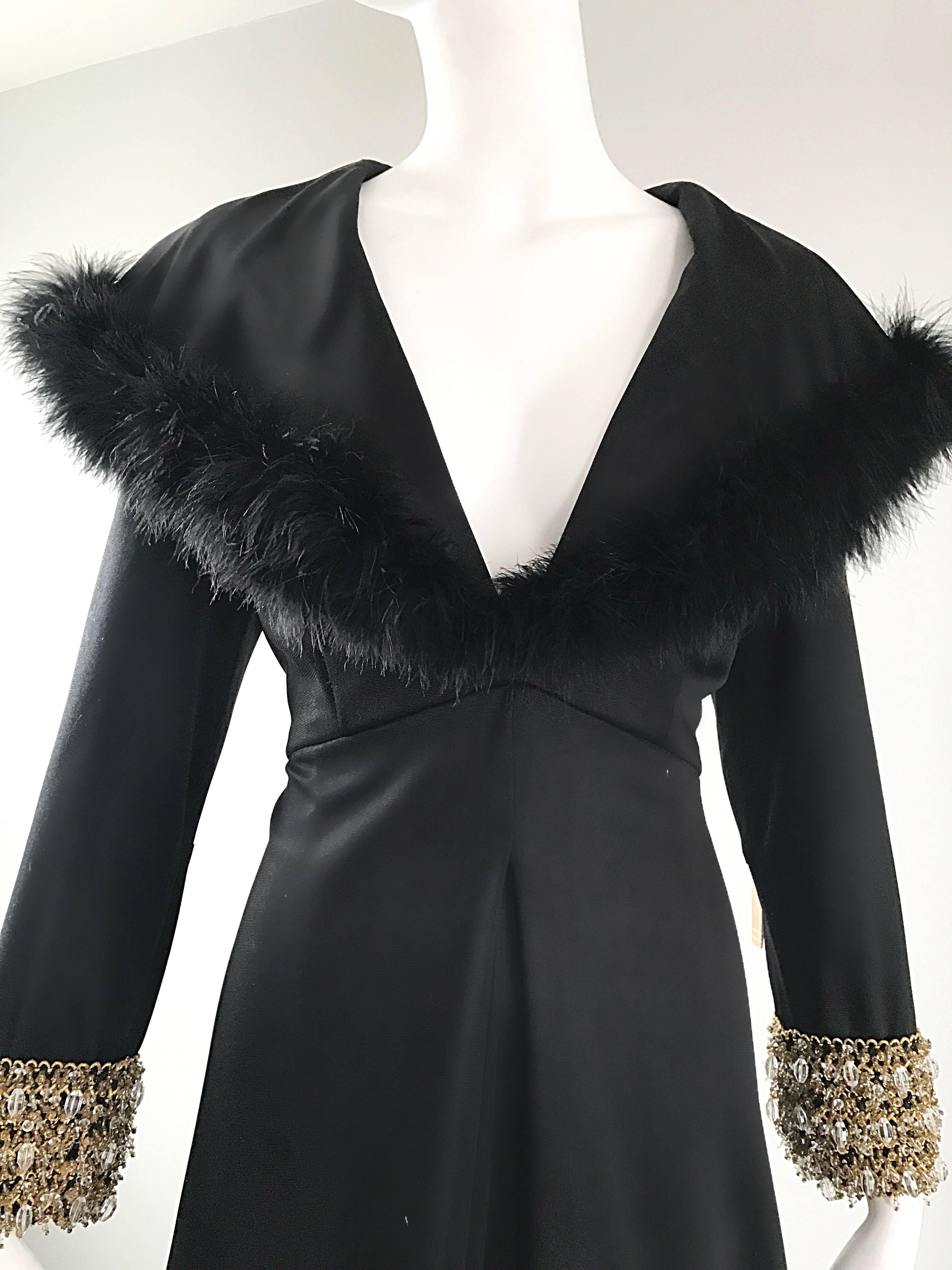 Spektakulärer 1970er Couture Palazzo Jumpsuit mit weitem Bein aus schwarzem Jersey und Federn 70er Jahre (Schwarz) im Angebot