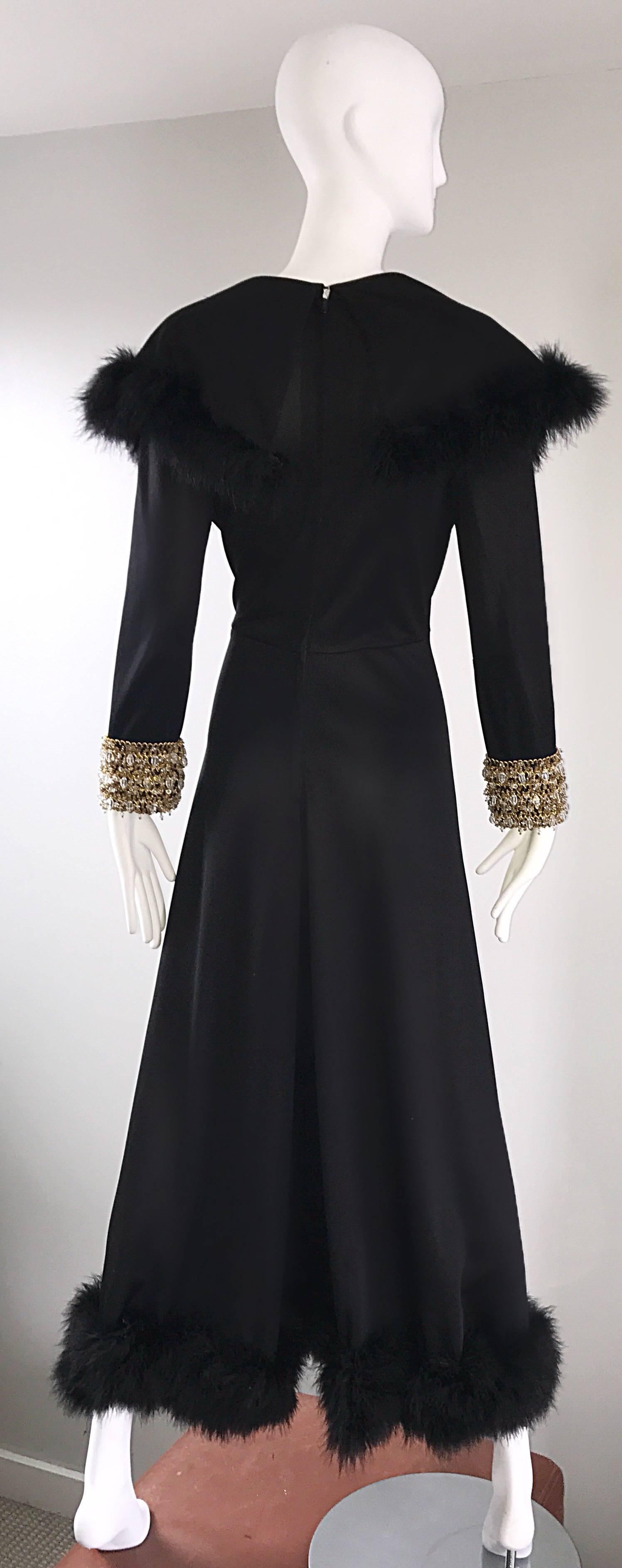 Spektakulärer 1970er Couture Palazzo Jumpsuit mit weitem Bein aus schwarzem Jersey und Federn 70er Jahre Damen im Angebot