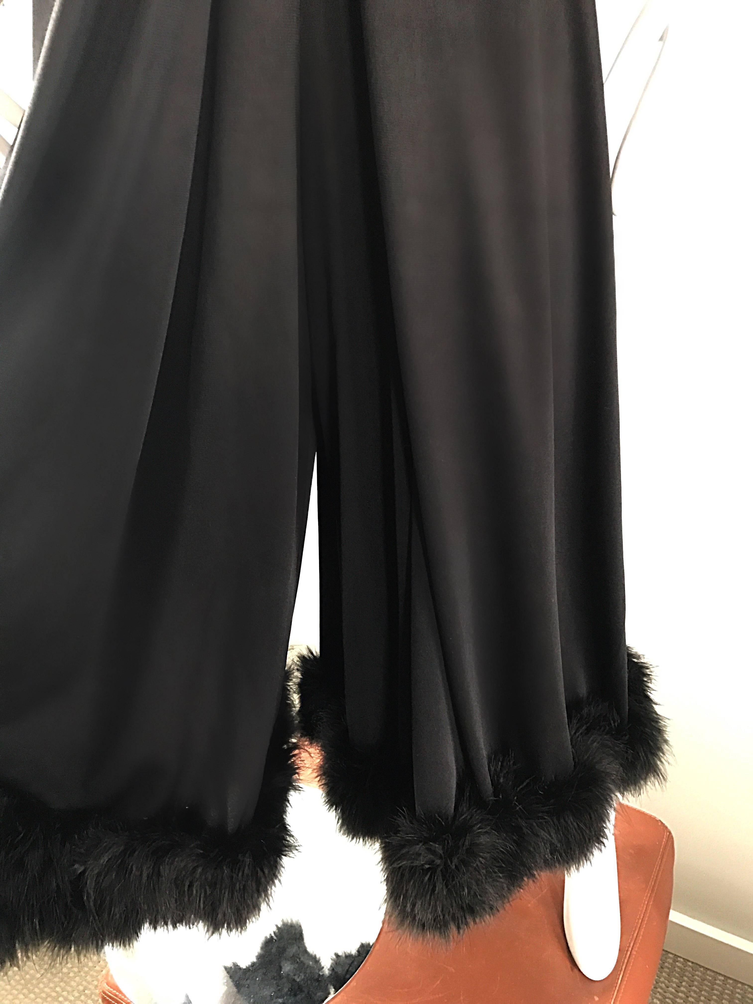 Spectacular 1970s Couture Black Jersey + Feathers Wide Leg Palazzo Jumpsuit 70s For Sale 1