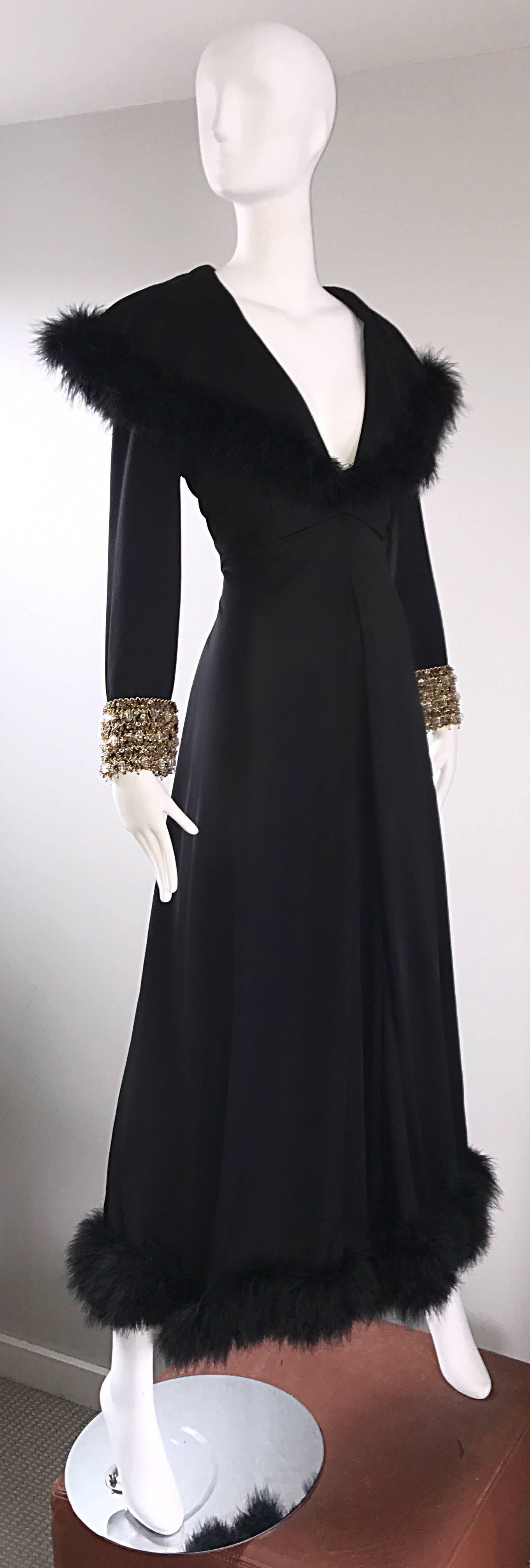 Spectacular 1970s Couture Black Jersey + Feathers Wide Leg Palazzo Jumpsuit 70s For Sale 2