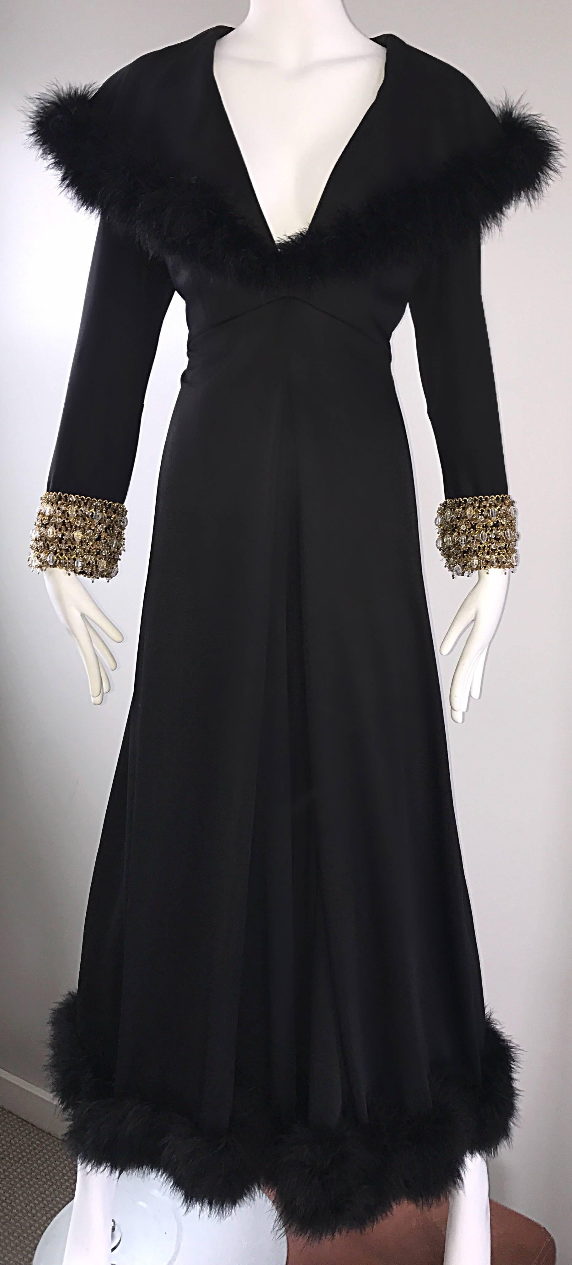 Spectacular 1970s Couture Black Jersey + Feathers Wide Leg Palazzo Jumpsuit 70s For Sale 3