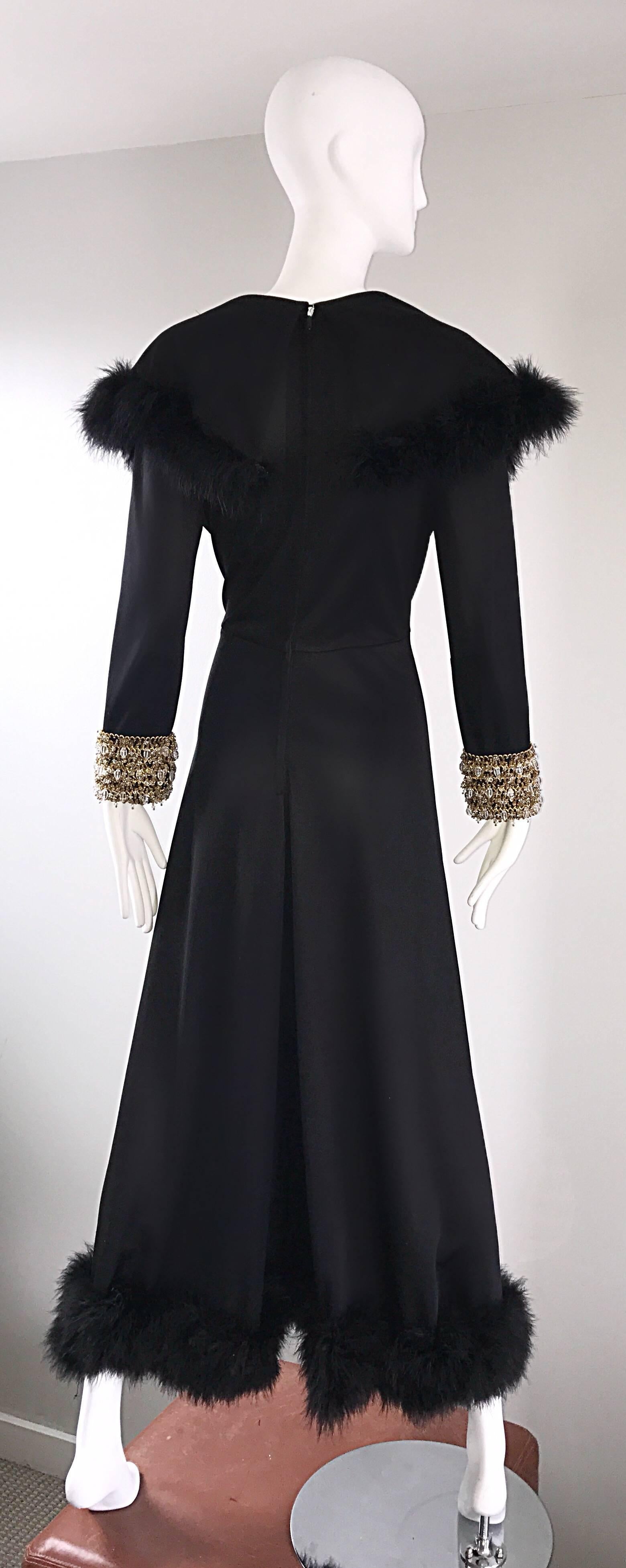 Spectacular 1970s Couture Black Jersey + Feathers Wide Leg Palazzo Jumpsuit 70s For Sale 4