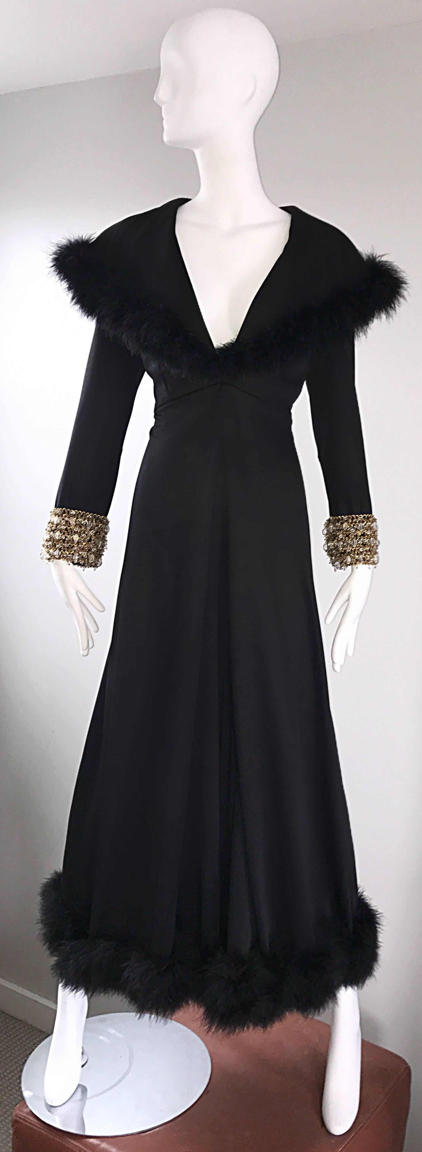 Spectacular 1970s Couture Black Jersey + Feathers Wide Leg Palazzo Jumpsuit 70s For Sale 5