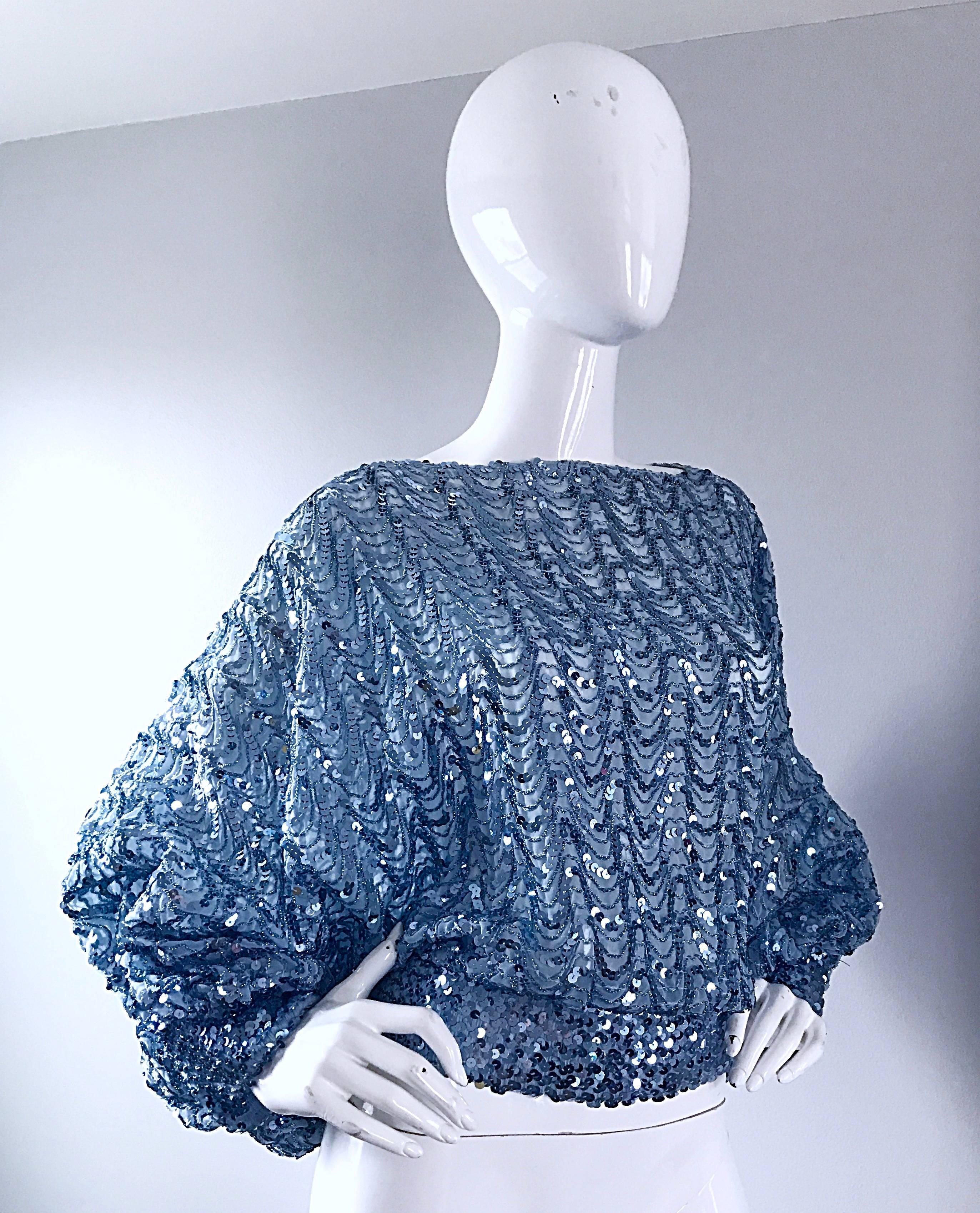 Amazing Vintage Jeanette Kastenberg for St Martin Ice Blue Sequin Silk Disco Top In Excellent Condition For Sale In San Diego, CA