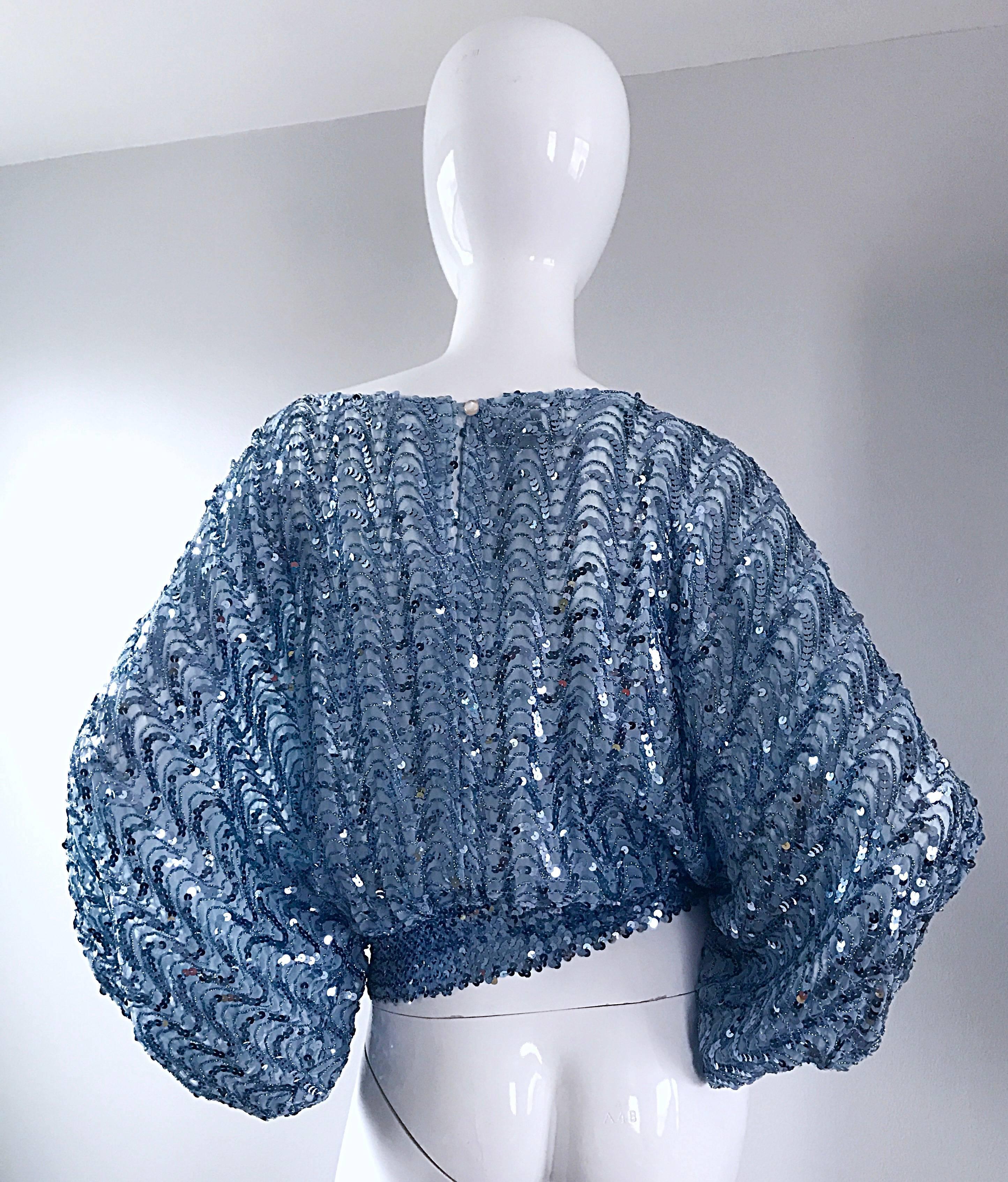 Amazing Vintage Jeanette Kastenberg for St Martin Ice Blue Sequin Silk Disco Top For Sale 1