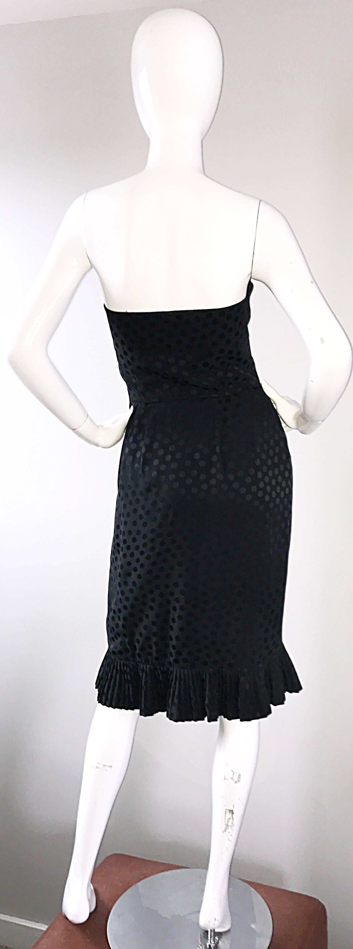 Vintage Albert Nipon 1990s Black Polka Dot Origami Strapless Silk Dress Size 6 For Sale 1