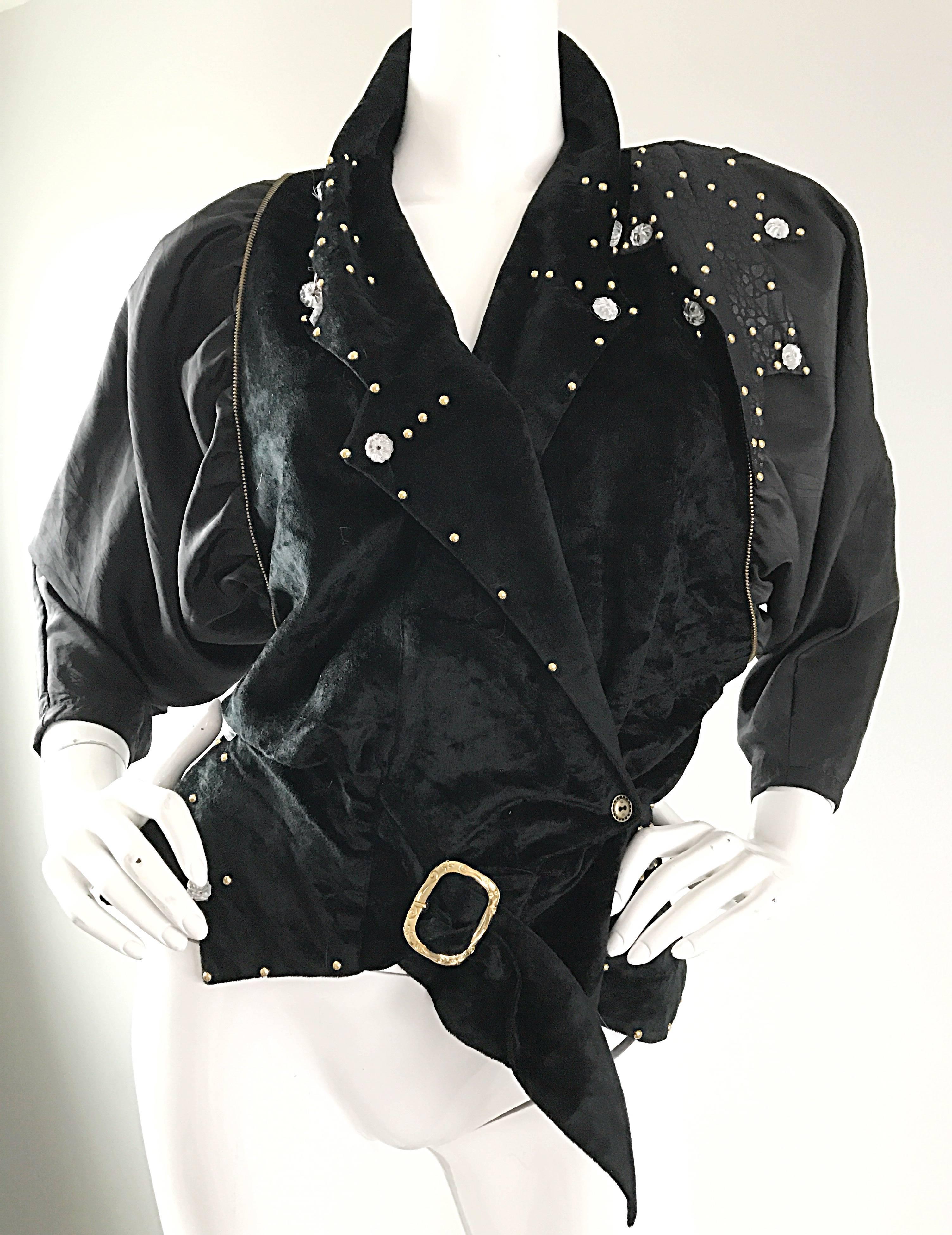 Amazing Vintage Eccetera Made in Italy Black 80s Avant Garde Jacket & Skirt Suit In Excellent Condition In San Diego, CA