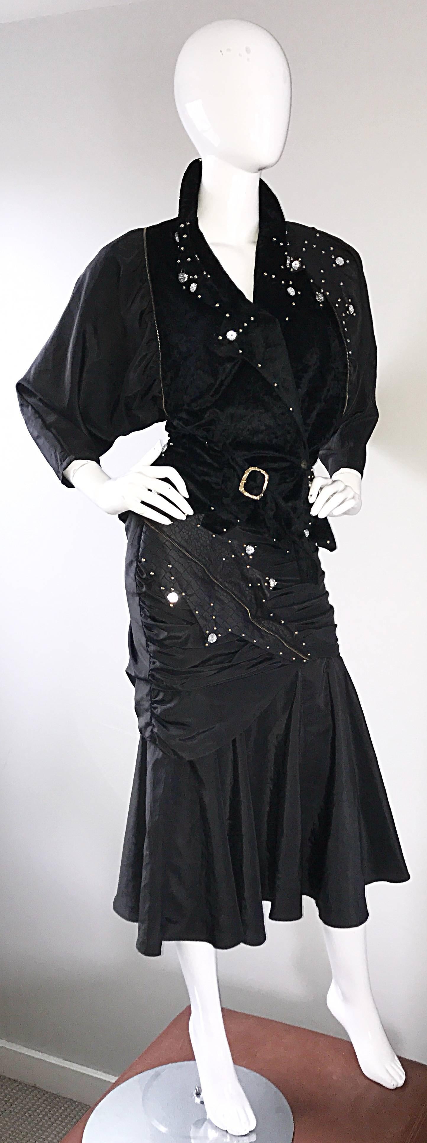 Amazing Vintage Eccetera Made in Italy Black 80s Avant Garde Jacket & Skirt Suit 1