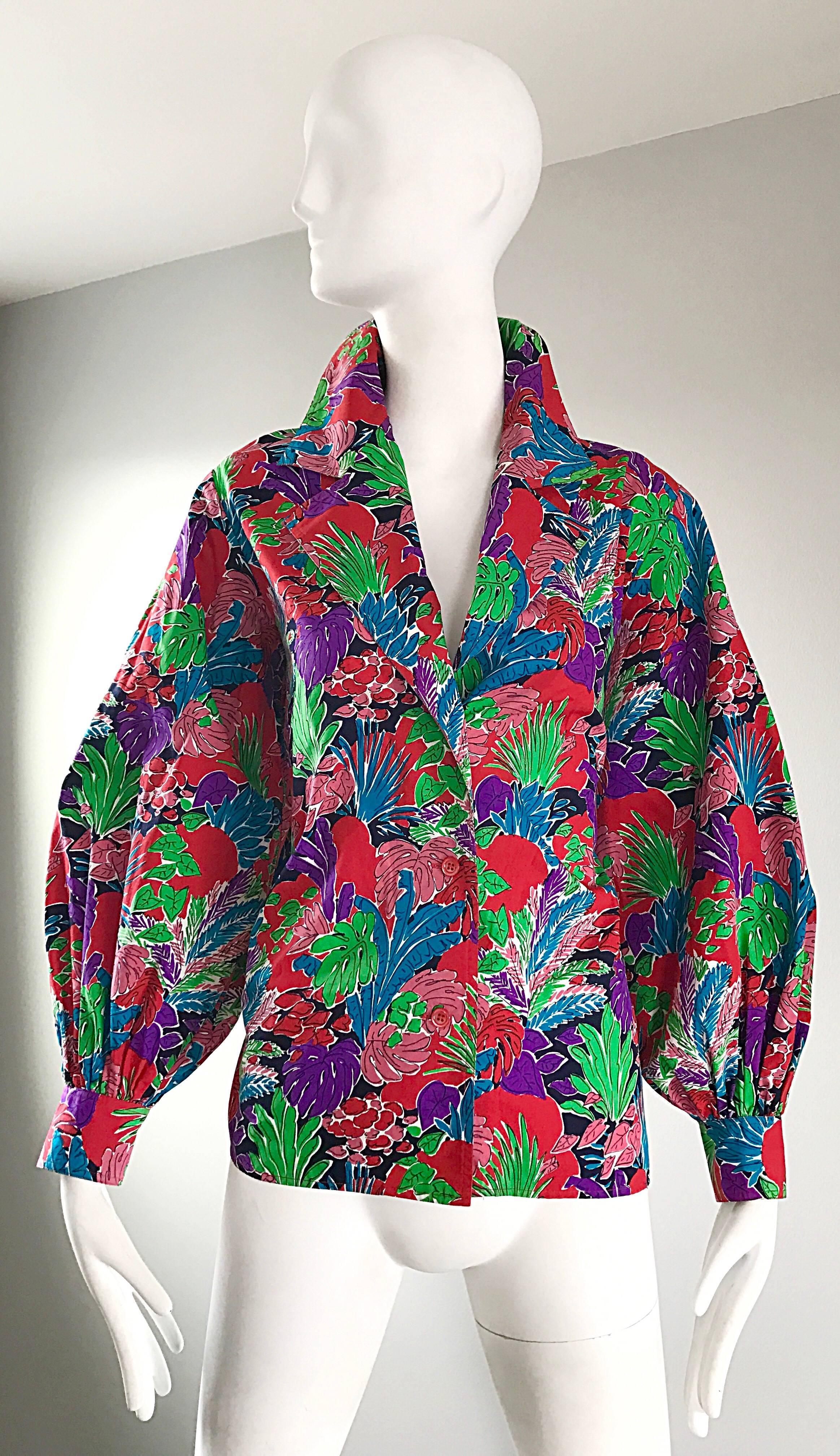 Rare YVES SAINT LAURENT YSL Rive Gauche cotton blouse or jacket! Has a tropical vibe, with bright colors of red, purple, pink, blue and white throughout. Signature YSL lapels can be worn flipped up or left down. Wonderful balloon bishop sleeves with