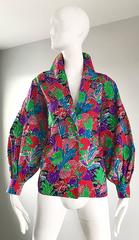 Vintage Yves Saint Laurent Rive Gauche YSL Tropical Print Bishop Sleeve Blouse