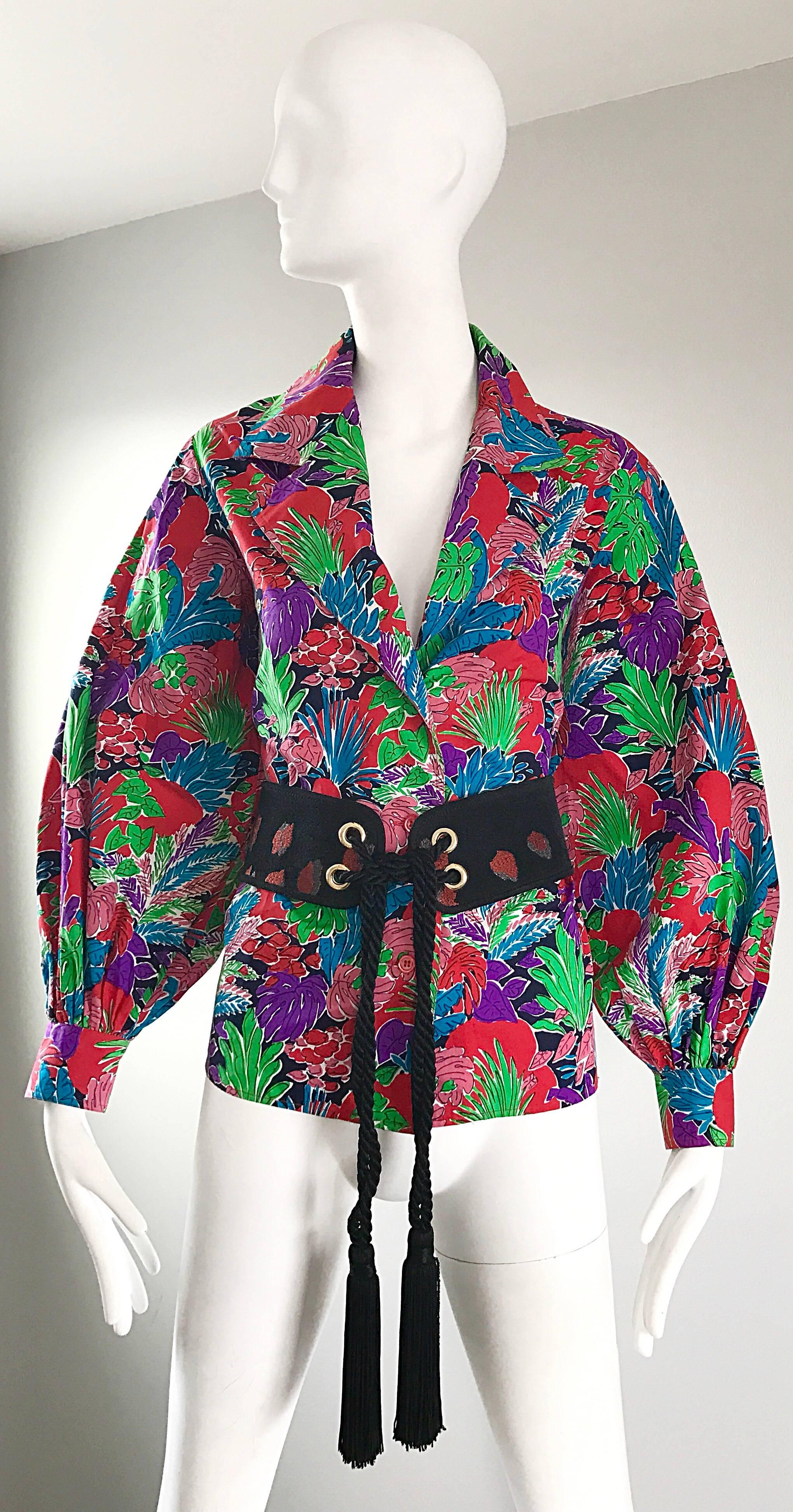 Vintage Yves Saint Laurent Rive Gauche YSL Tropical Print Bluse mit Bischofsärmeln  im Zustand „Hervorragend“ im Angebot in San Diego, CA