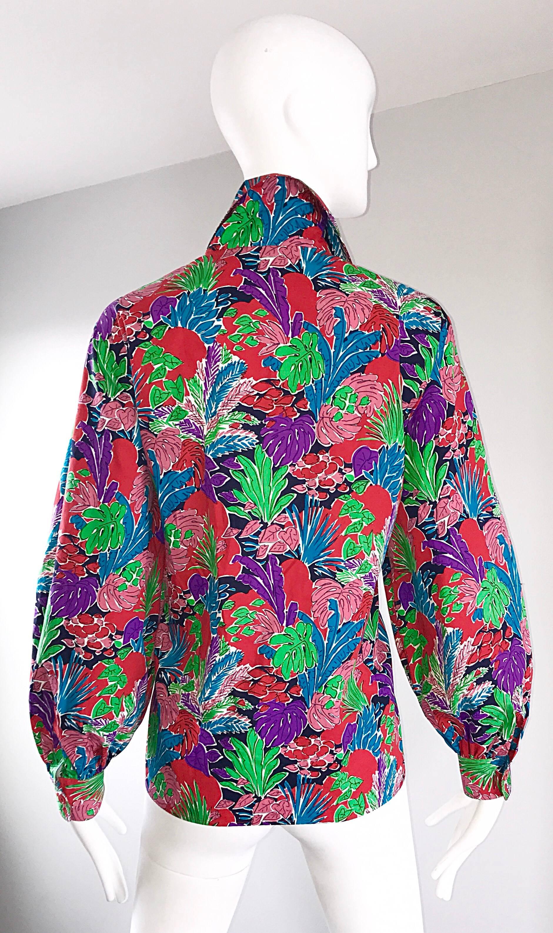 Vintage Yves Saint Laurent Rive Gauche YSL Tropical Print Bluse mit Bischofsärmeln  Damen im Angebot