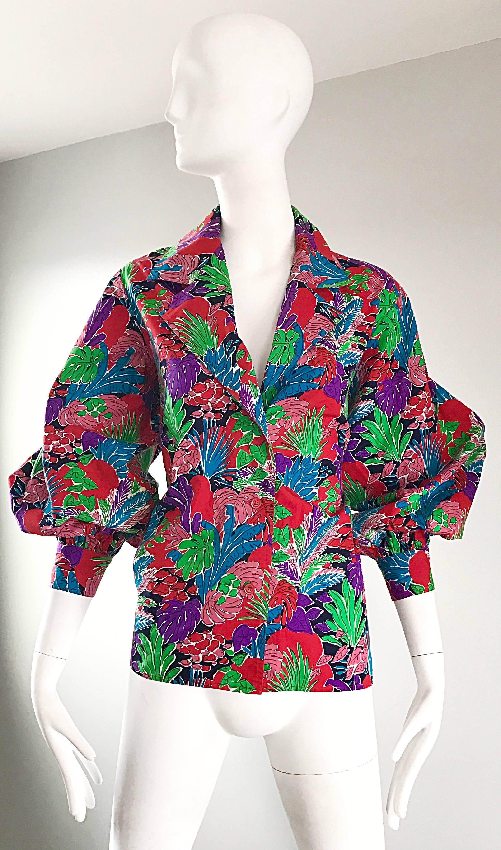 Vintage Yves Saint Laurent Rive Gauche YSL Tropical Print Bishop Sleeve Blouse  In Excellent Condition For Sale In San Diego, CA