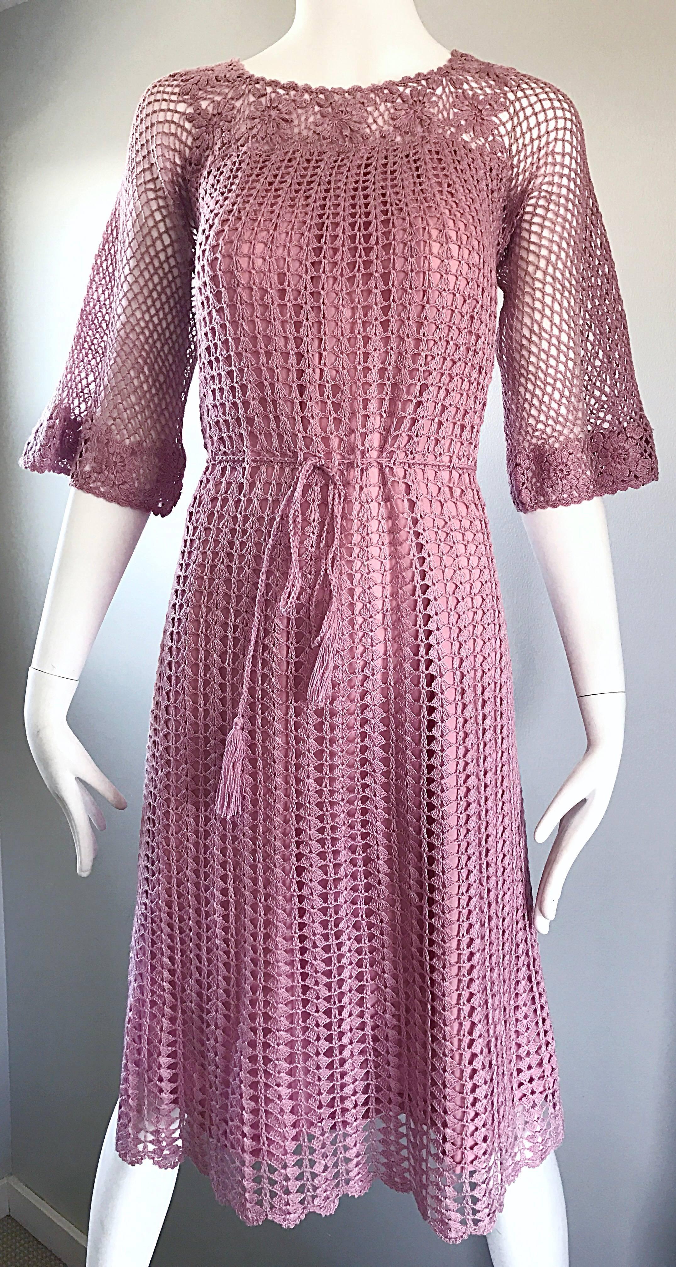Gray Beautiful 1970s Hand Crochet Pink Rose Bell Sleeve Chic Boho 70s Vintage Dress  For Sale