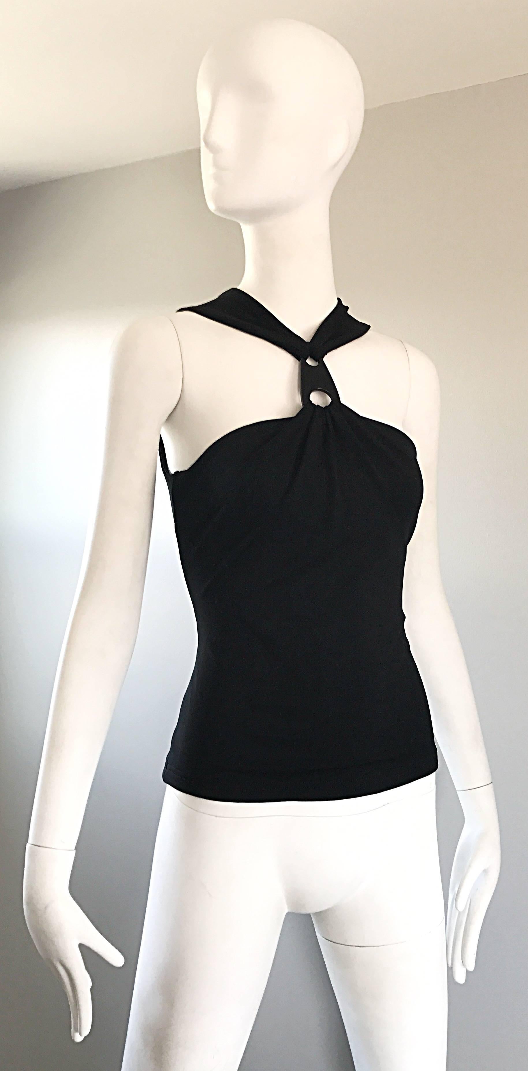 Michael Kors Collection Black Double Faced Jersey Keyhole Halter Top Size 6  For Sale at 1stDibs | black halter blouse