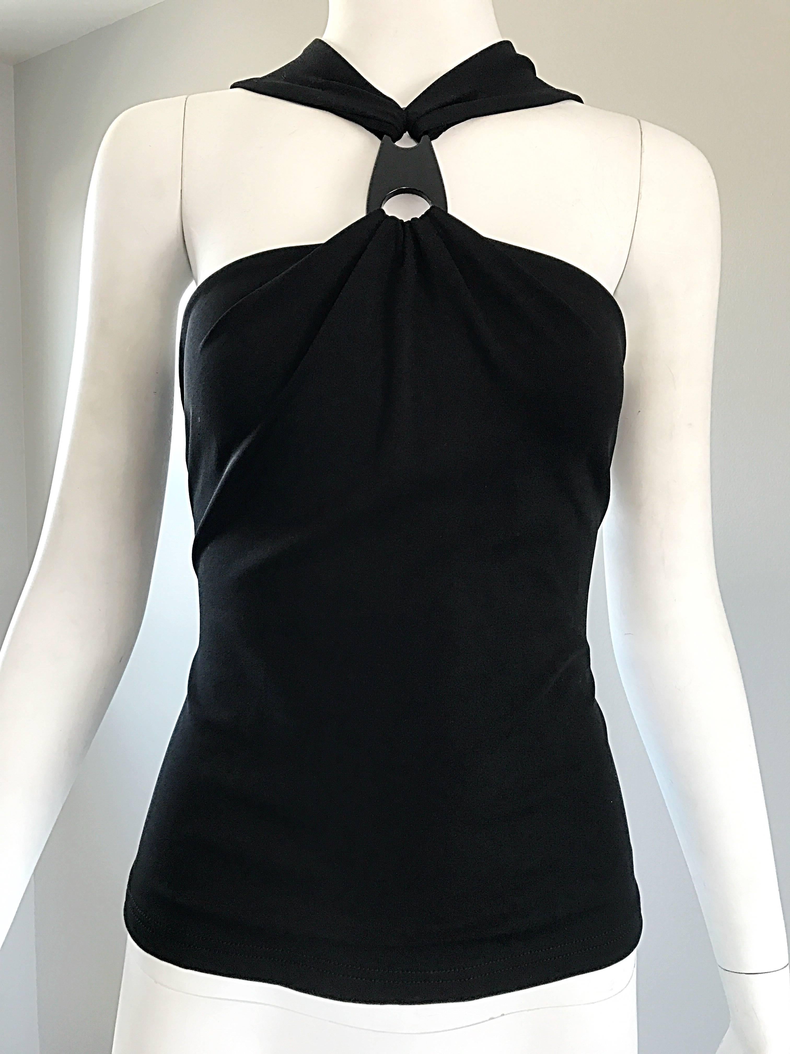 Michael Kors Collection Black Double Faced Jersey Keyhole Halter Top Size 6 In Excellent Condition For Sale In San Diego, CA