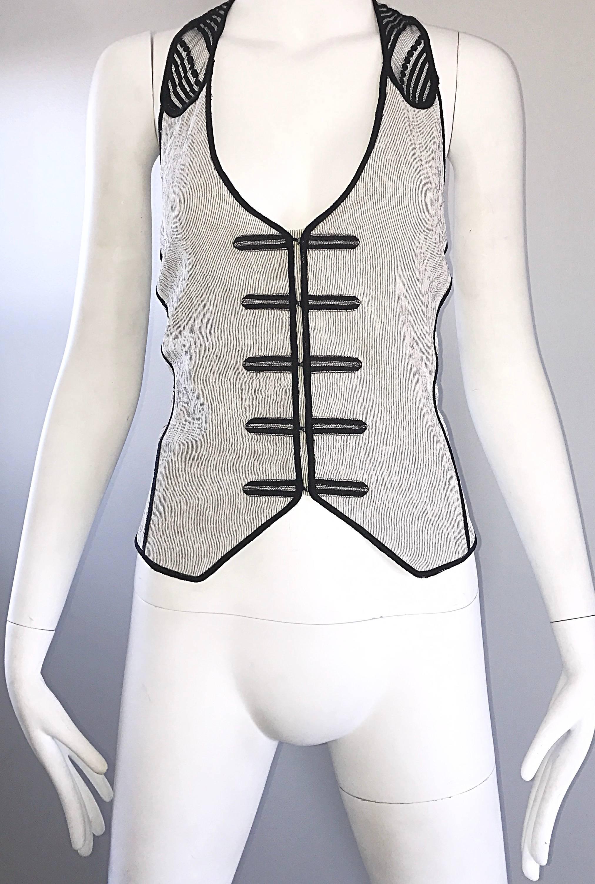 Women's 2000s Richard Chai Black and White Military Bondage Inspired Waistcoat Vest Top For Sale