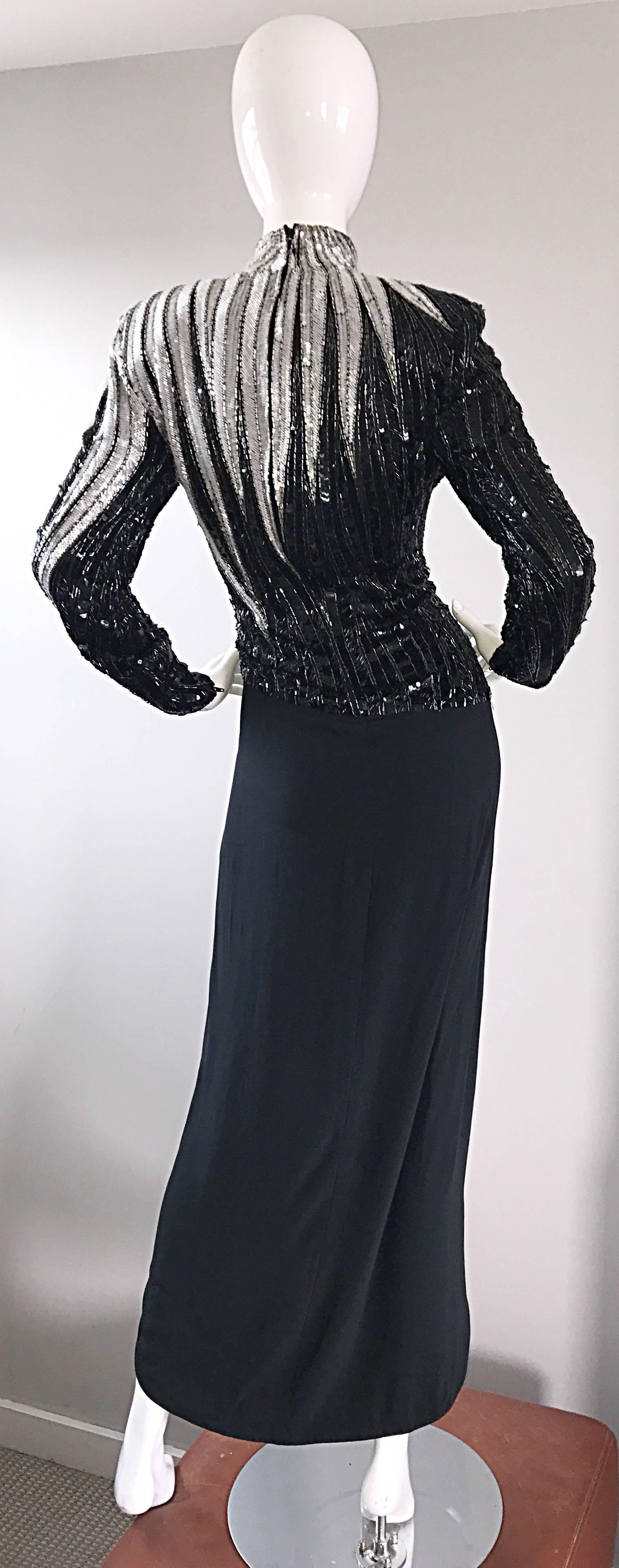 Sensacional vestido dramático vintage de los 80 Bob Mackie negro y plateado con muchas cuentas en Excelente estado para la venta en San Diego, CA