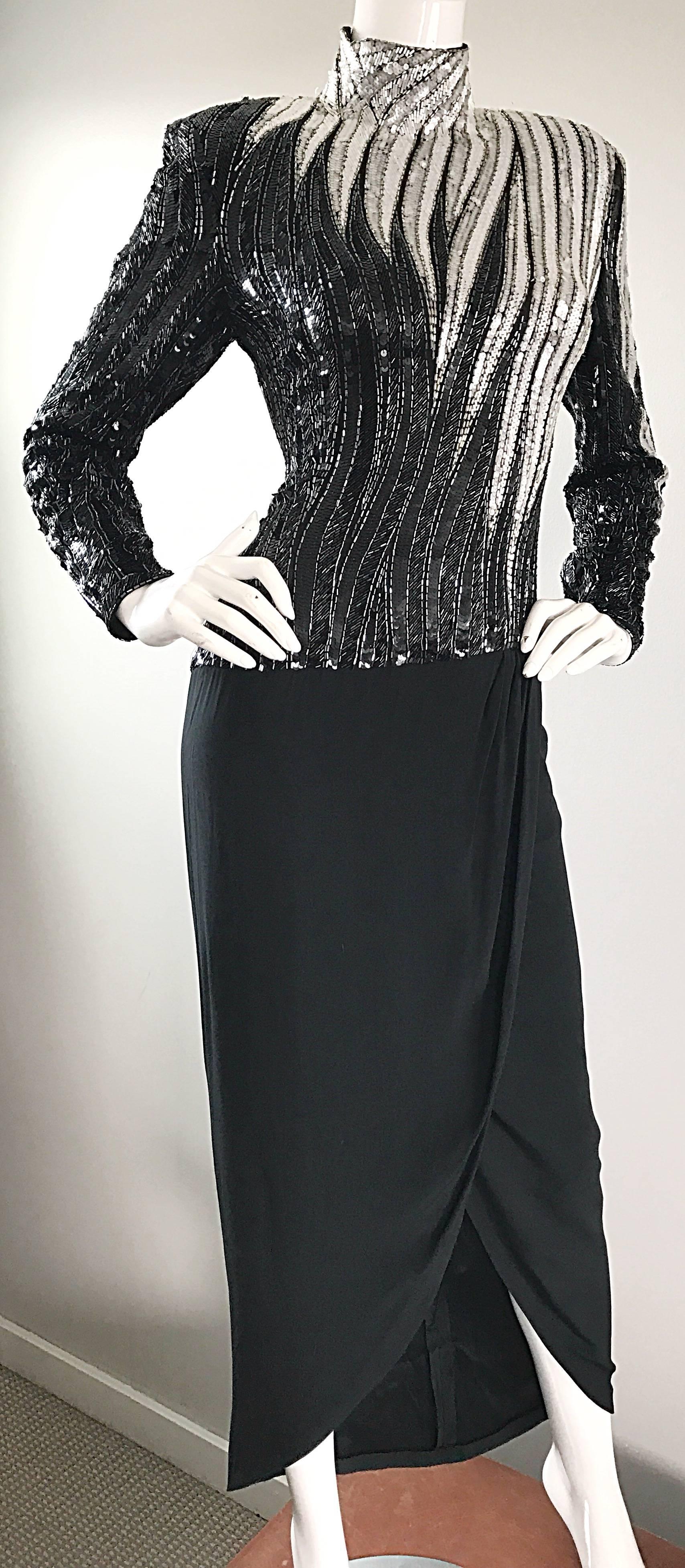 Sensational Vintage Bob Mackie Black and Silver 80s Heavily Beaded Dramatic Gown In Excellent Condition For Sale In San Diego, CA