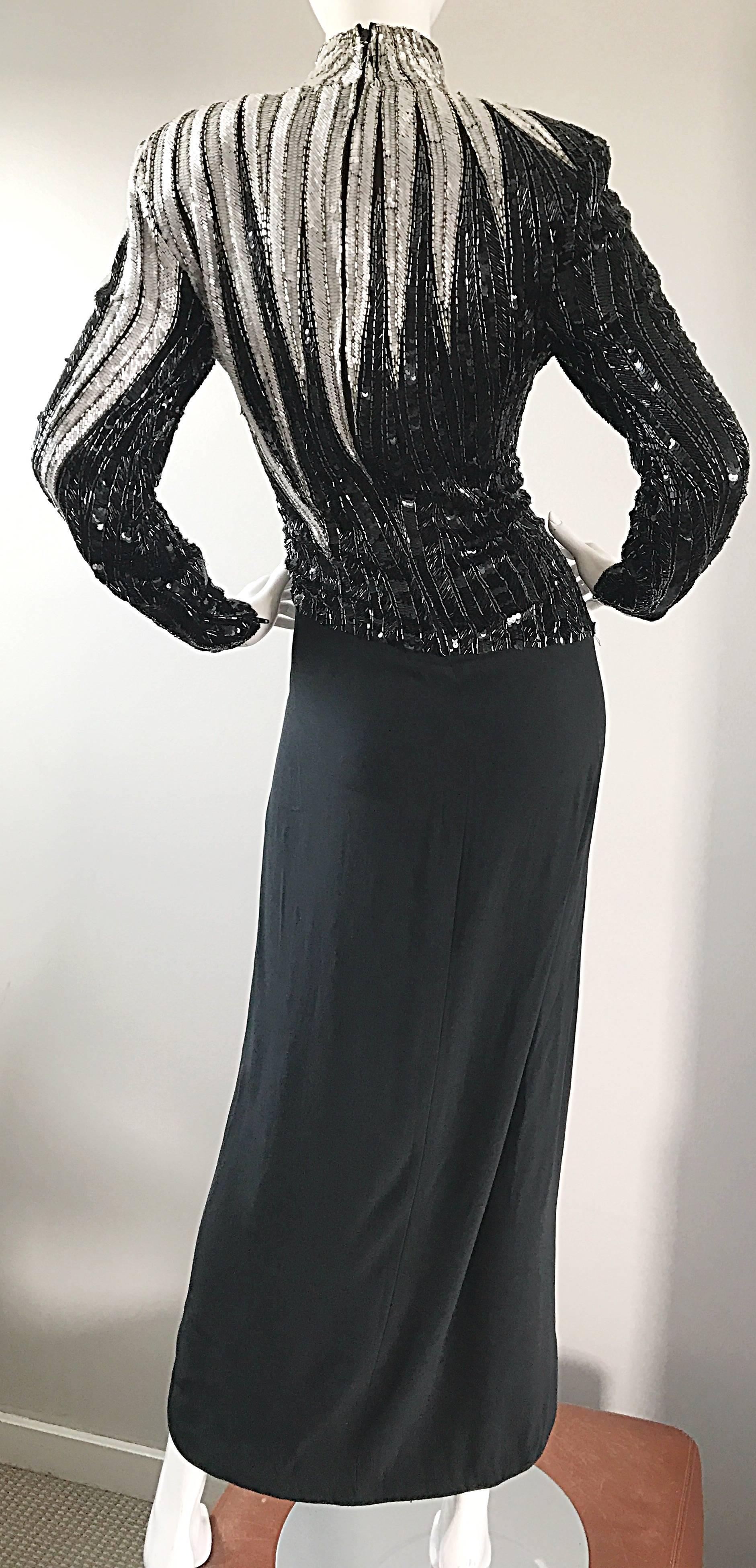 Sensational Vintage Bob Mackie Black and Silver 80s Heavily Beaded Dramatic Gown For Sale 2