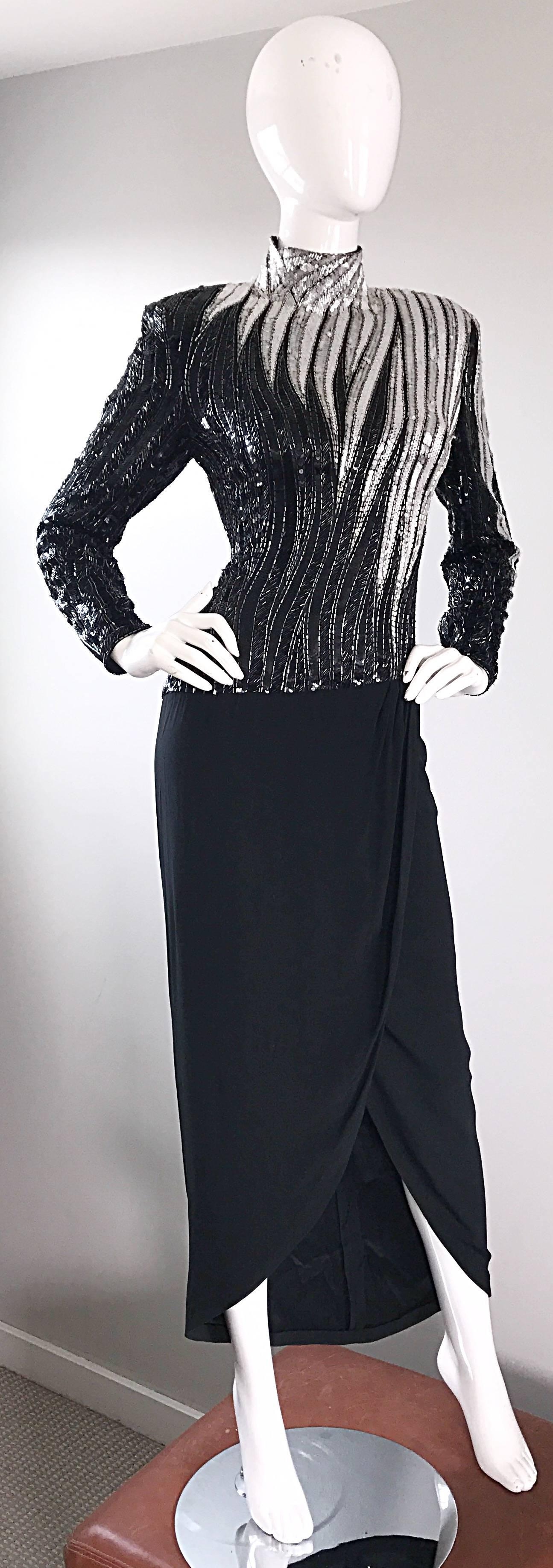 Sensational Vintage Bob Mackie Black and Silver 80s Heavily Beaded Dramatic Gown For Sale 1