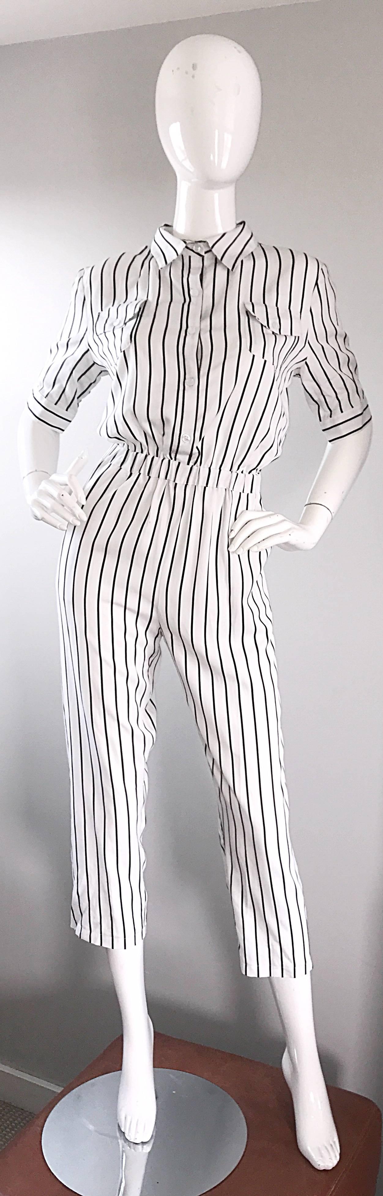 Gray Rare Prada 1990s Mickey Mouse and Minnie Mouse Black and White Striped Jumpsuit