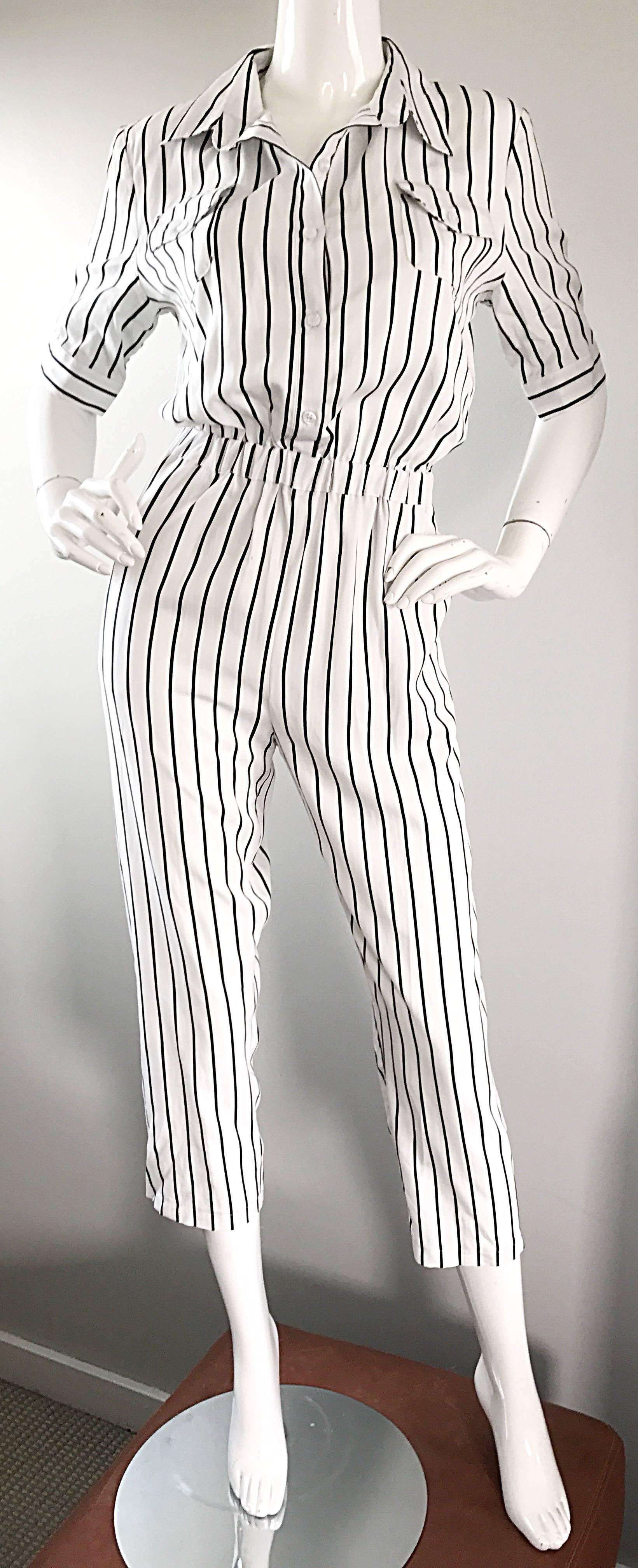Women's Rare Prada 1990s Mickey Mouse and Minnie Mouse Black and White Striped Jumpsuit