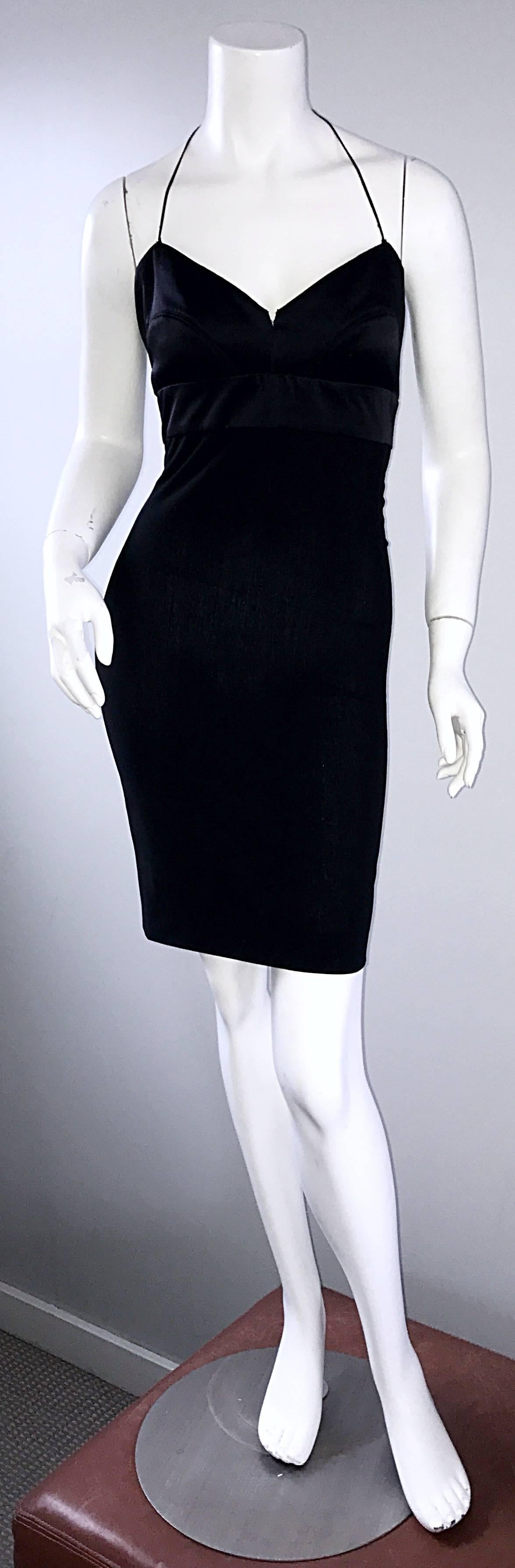 Sexy vintage NARCISCO RODRIGUEZ black bodcon cut-out back halter dress from the designer's first runway collection in 1997! Hugs the body in all the right places. Fully functional silver zipper detail up the back leaves the option of opening the