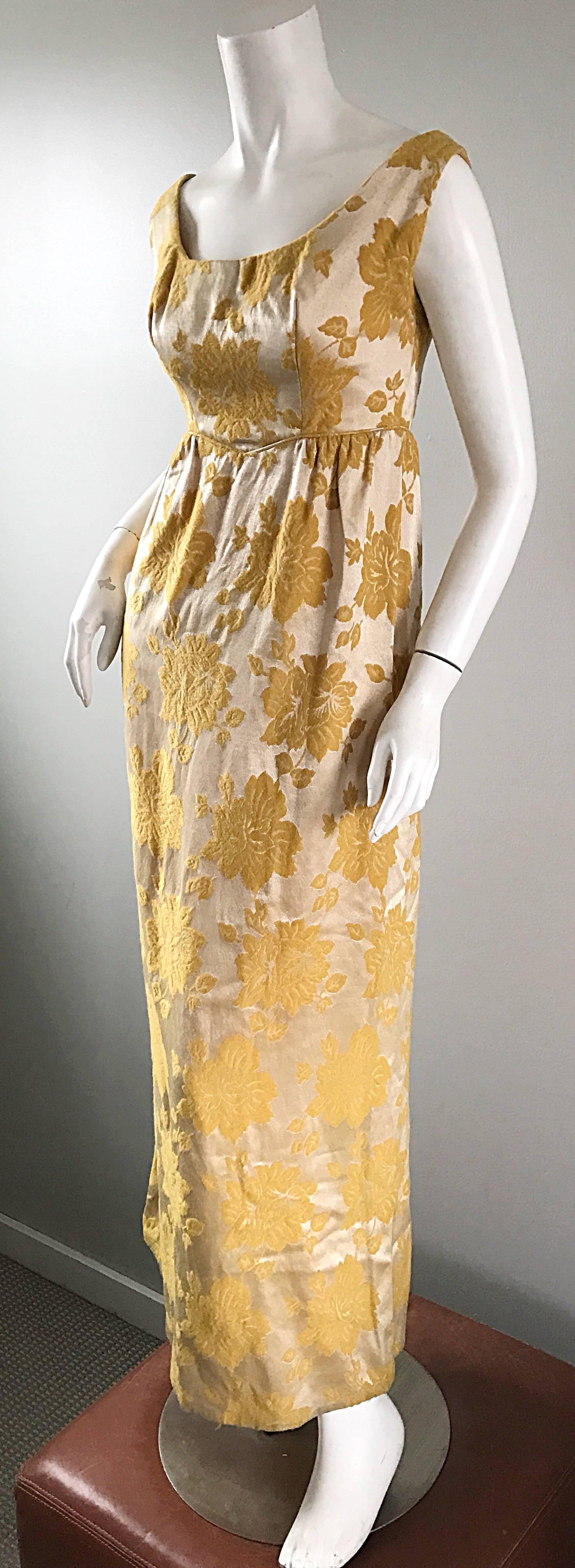 Women's Beautiful 1960s 60s Marigold Yellow Gold Metallic Floral Evening Gown Maxi Dress For Sale