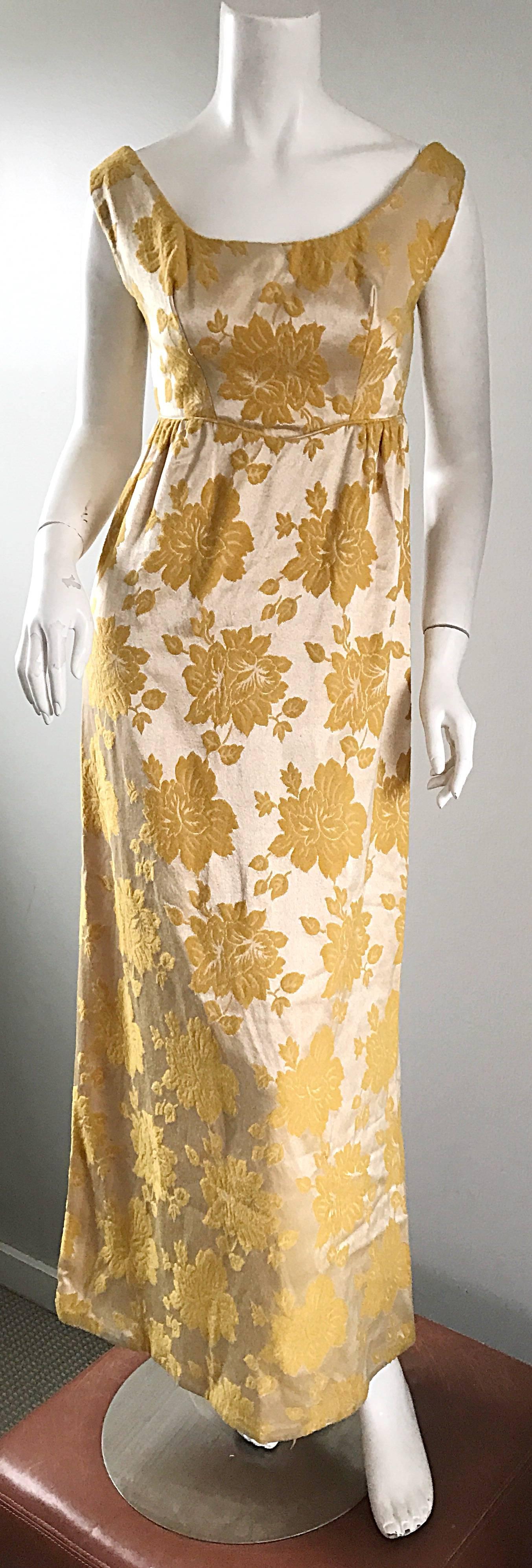 Beautiful 1960s 60s Marigold Yellow Gold Metallic Floral Evening Gown Maxi Dress For Sale 1