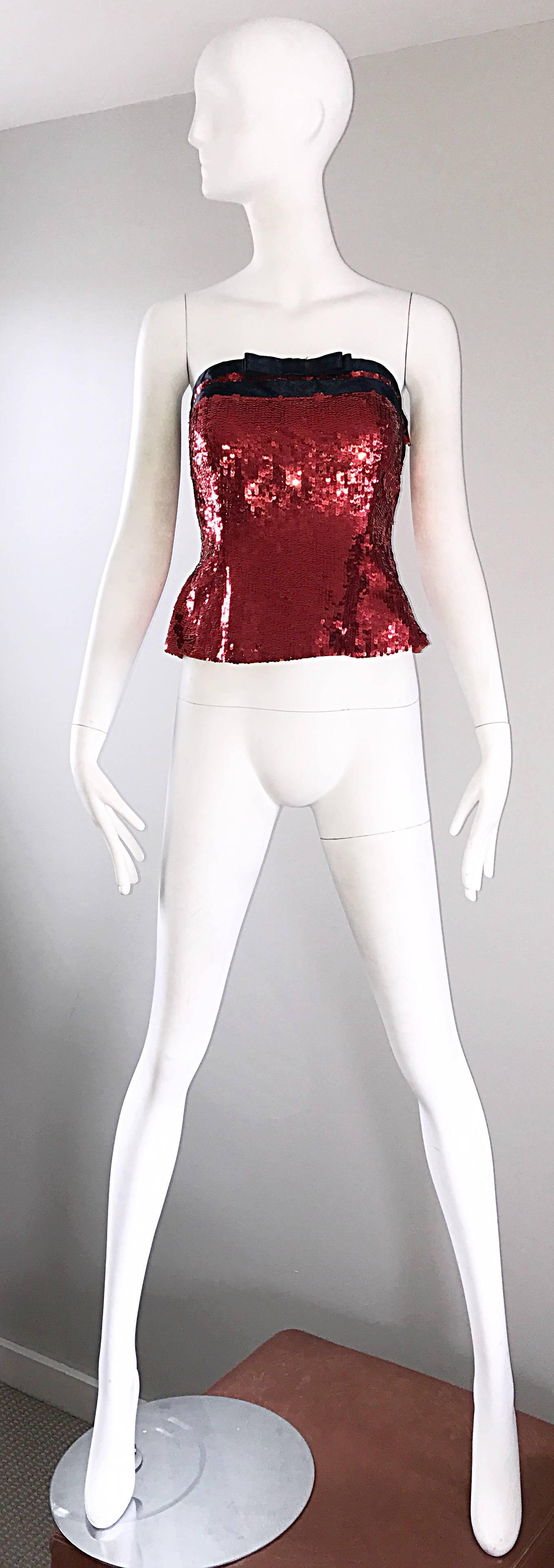 1990s Bill Blass Size 6 Red Sequin Black Strapless Bustier Vintage Corset Top In New Condition For Sale In San Diego, CA