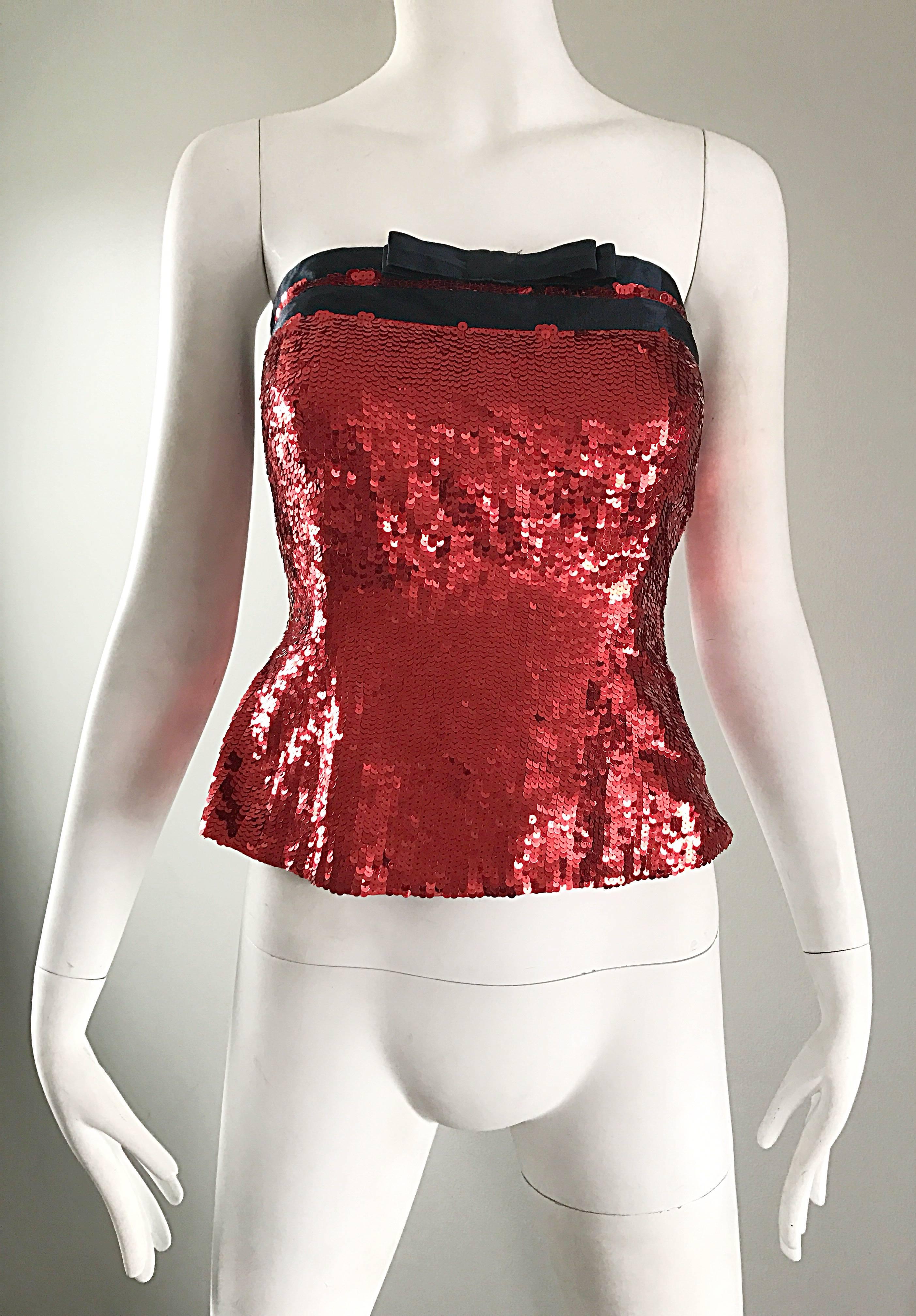 Women's 1990s Bill Blass Size 6 Red Sequin Black Strapless Bustier Vintage Corset Top For Sale